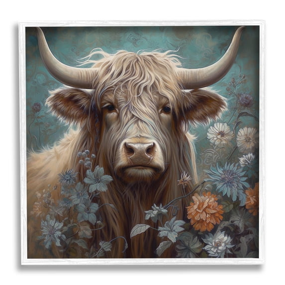 Stupell Industries Cattle & Mixed Florals Animals & Insects Painting White Framed Art Print Wall Art, 24 x 24