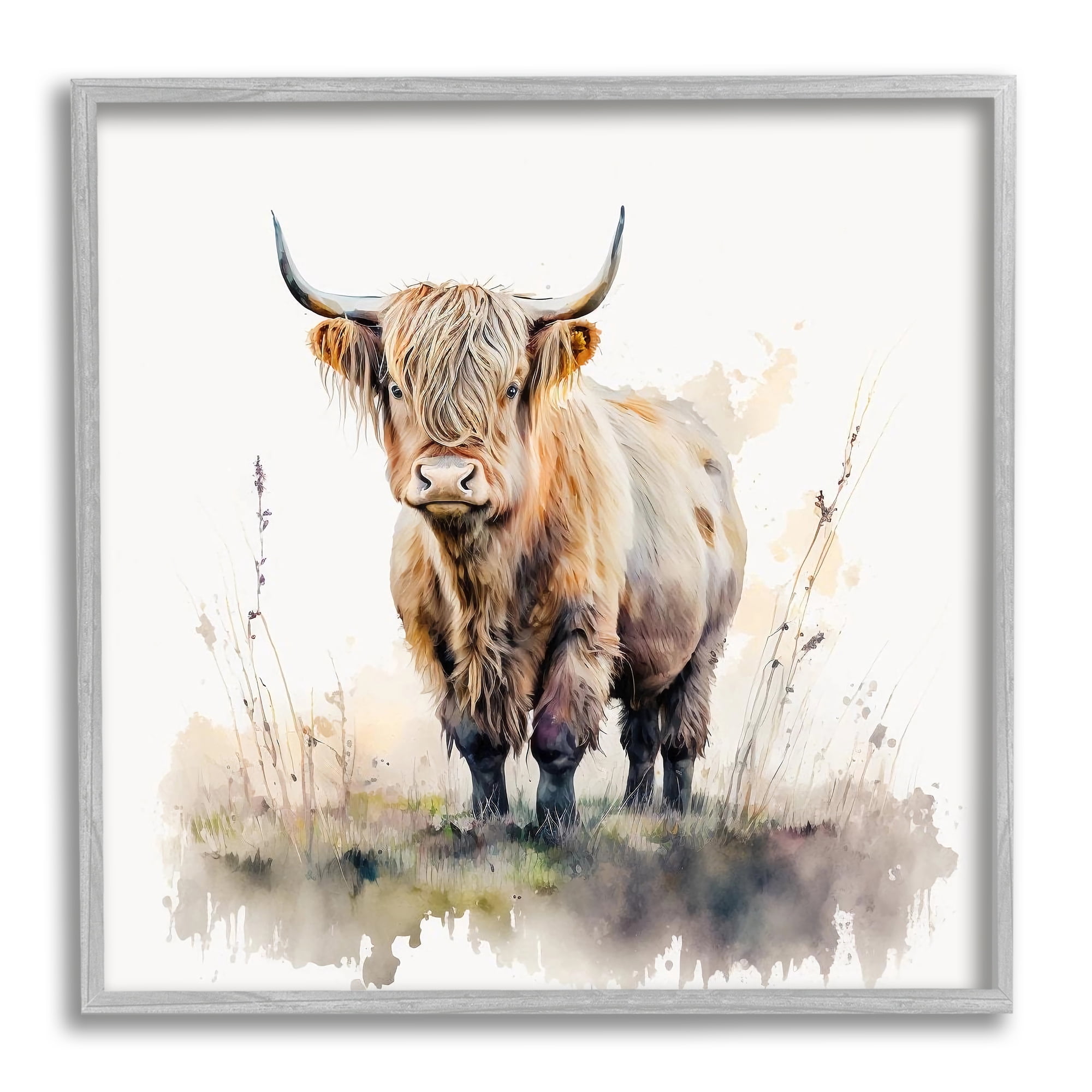 Stupell Industries Cattle & Modern Sprouts Animals & Insects Painting Gray Framed Art Print Wall Art, 12 x 12