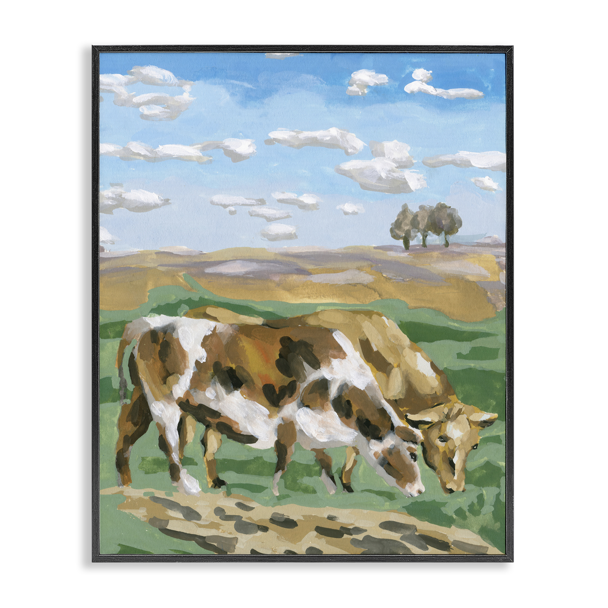 Stupell Industries Cattle Pair in Farmland Animals Painting Black Framed Art Print Wall Art, 24 x 30