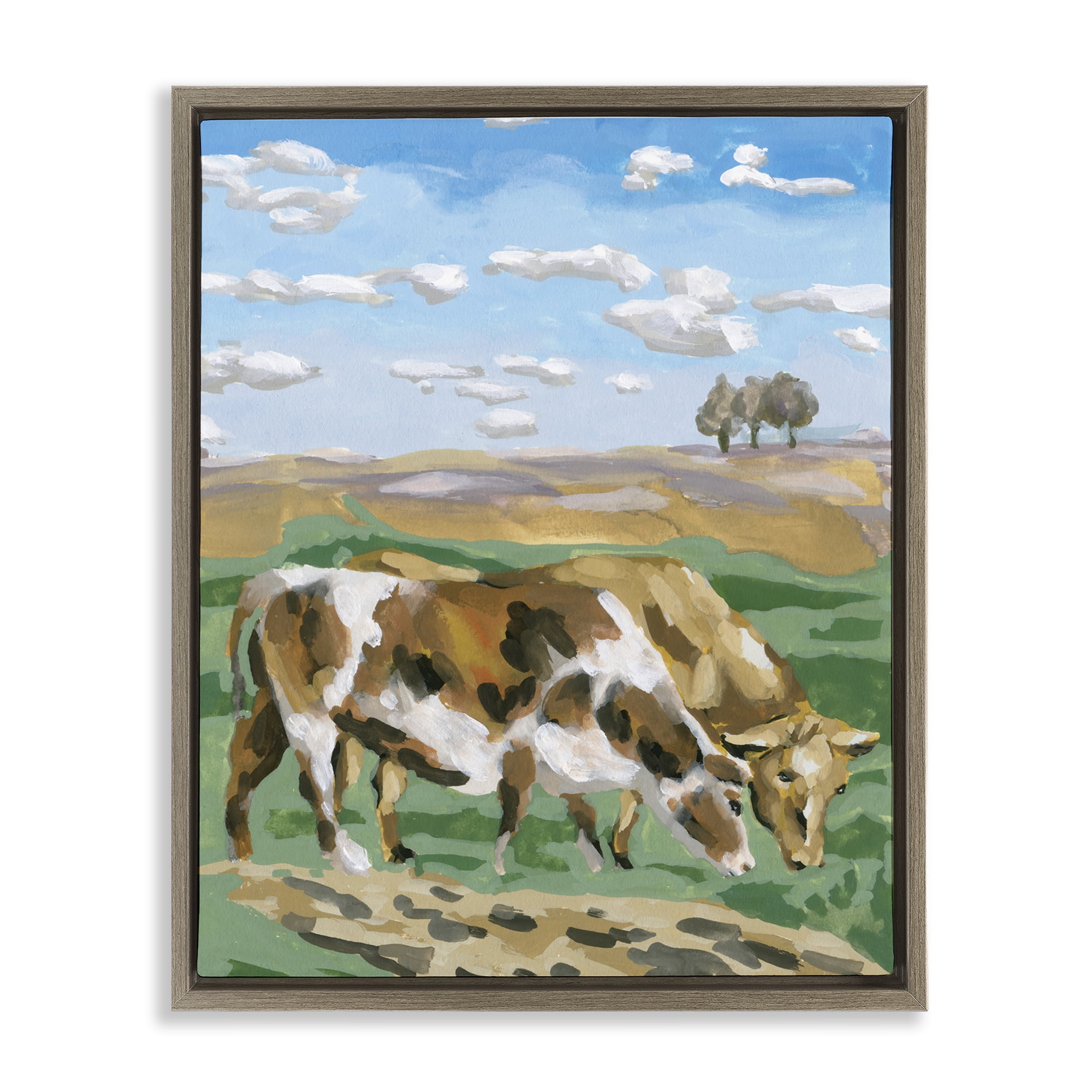Stupell Industries Cattle Pair in Farmland Animals Painting Brown Floater Framed Canvas Art Print Wall Art, 17 x 21