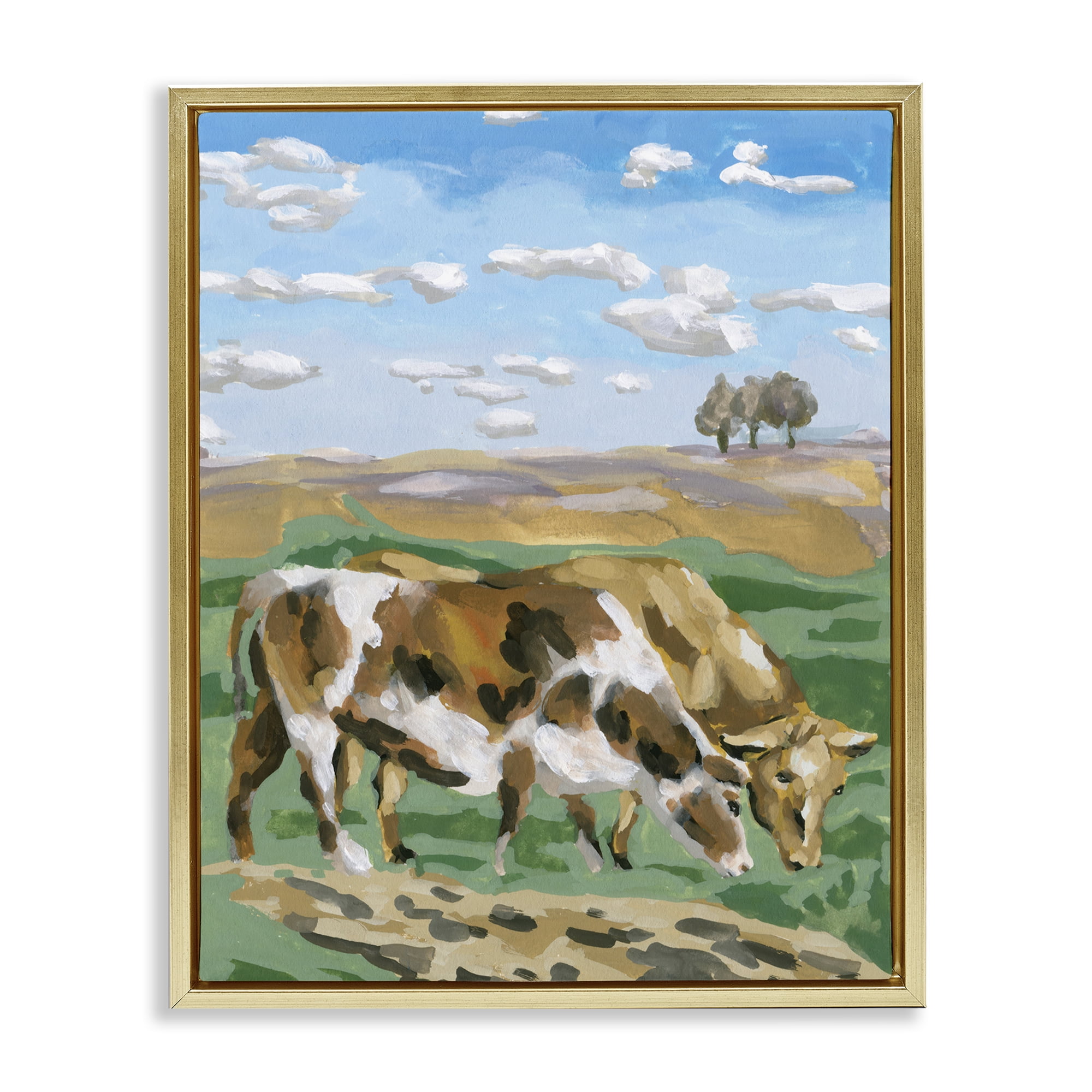 Stupell Industries Cattle Pair in Farmland Animals Painting Gold Floater Framed Canvas Art Print Wall Art, 25 x 31