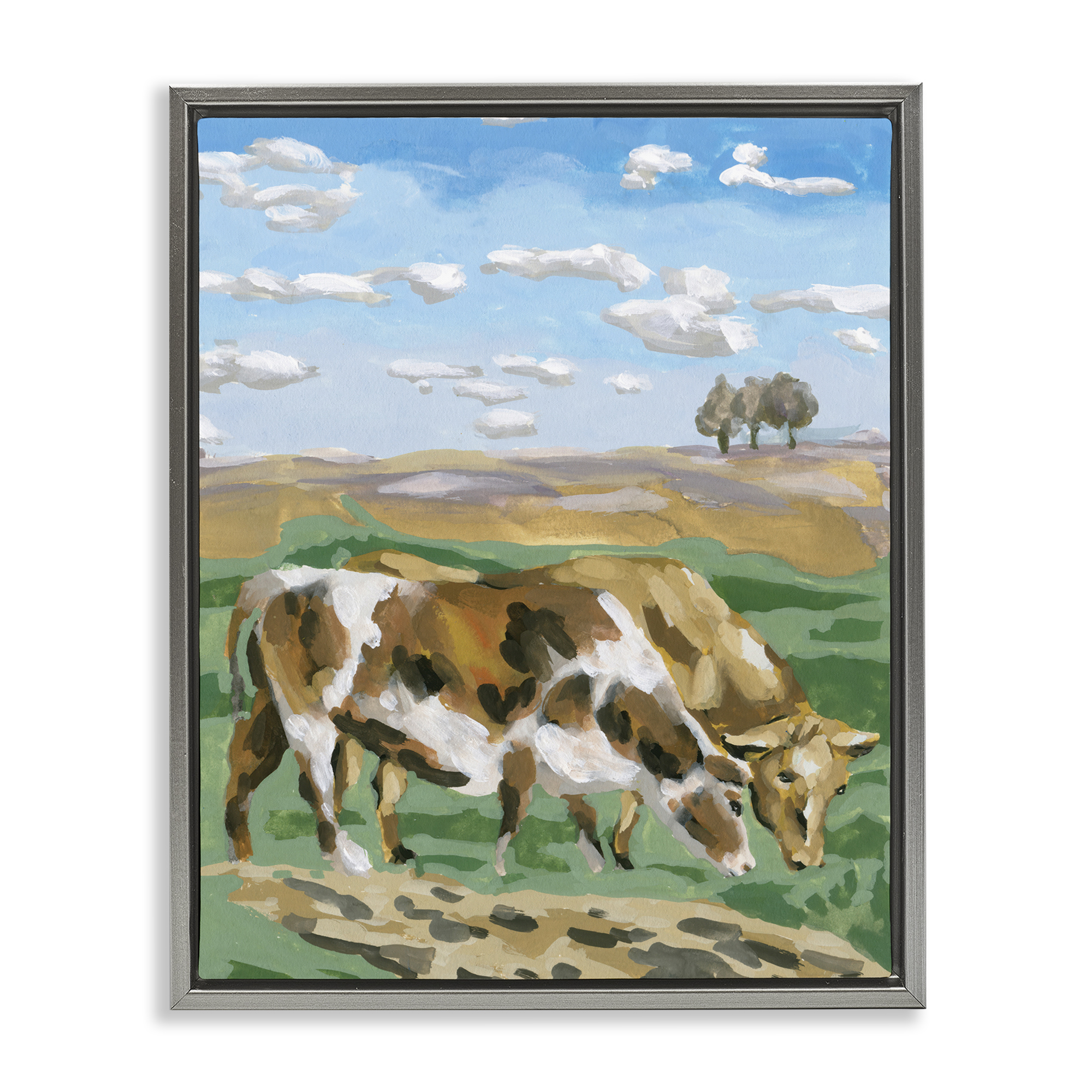 Stupell Industries Cattle Pair in Farmland Animals Painting Gray Floater Framed Canvas Art Print Wall Art, 25 x 31
