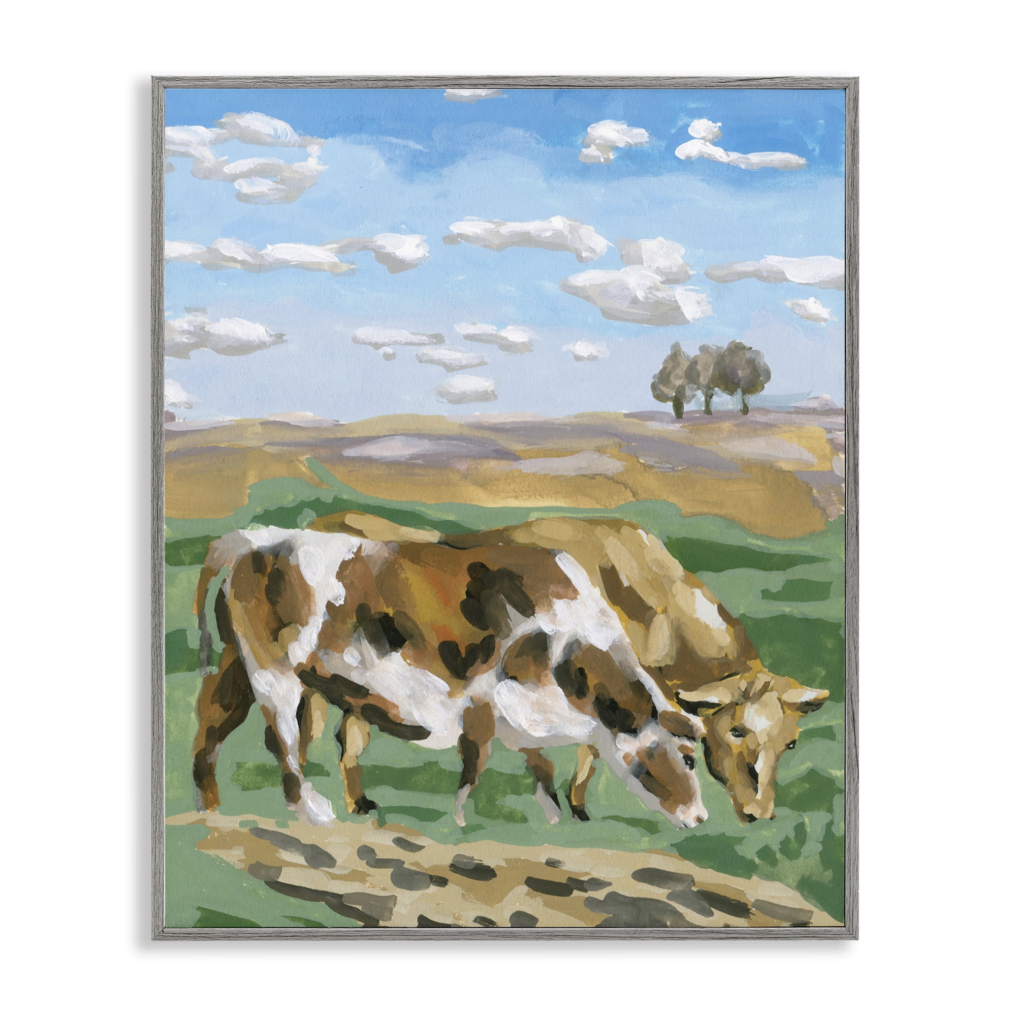 Stupell Industries Cattle Pair in Farmland Animals Painting Gray Framed Art Print Wall Art, 16 x 20