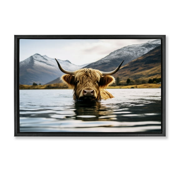 Stupell Industries Cattle Peeking from Water Animals Photography Black Floater Framed Canvas Art Print Wall Art, 25 x 17