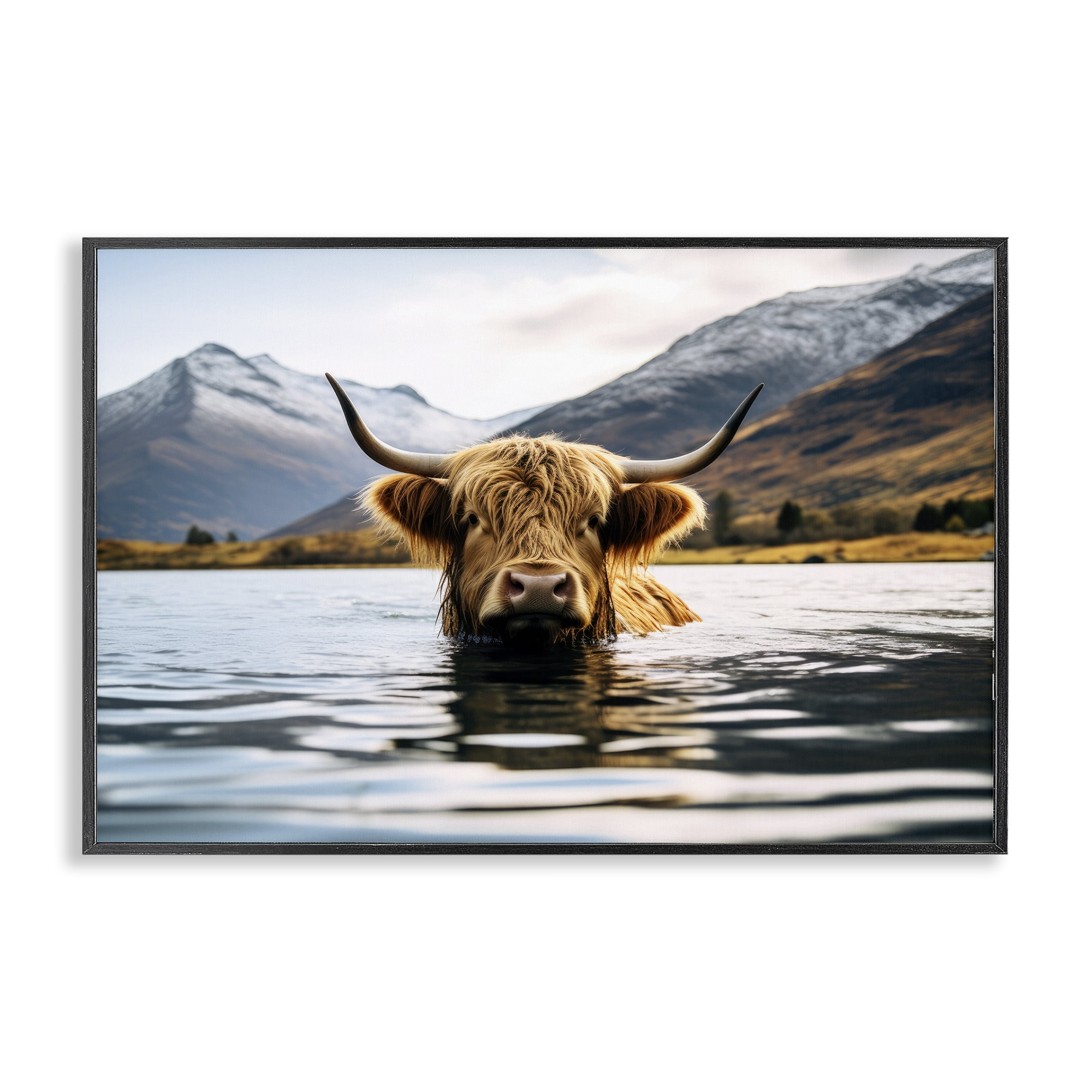 Stupell Industries Cattle Peeking from Water Animals Photography Black Framed Art Print Wall Art, 30 x 20