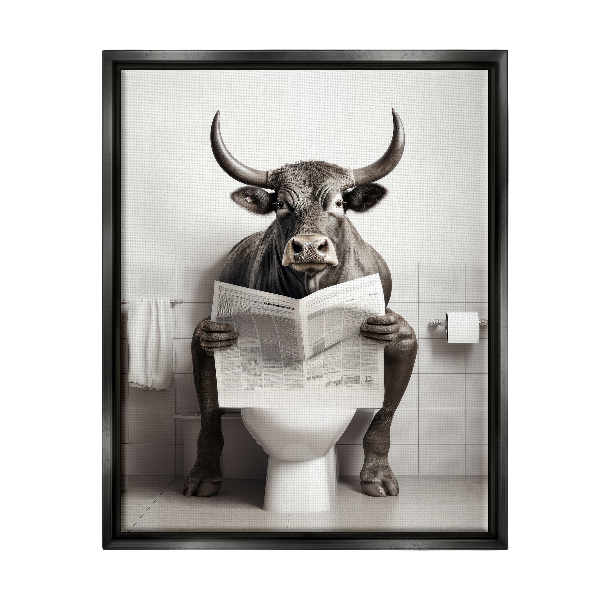 Stupell Industries Cattle Reading Newspaper Animals & Insects Painting Black Floater Framed Canvas Art Print Wall Art, 25 x 31