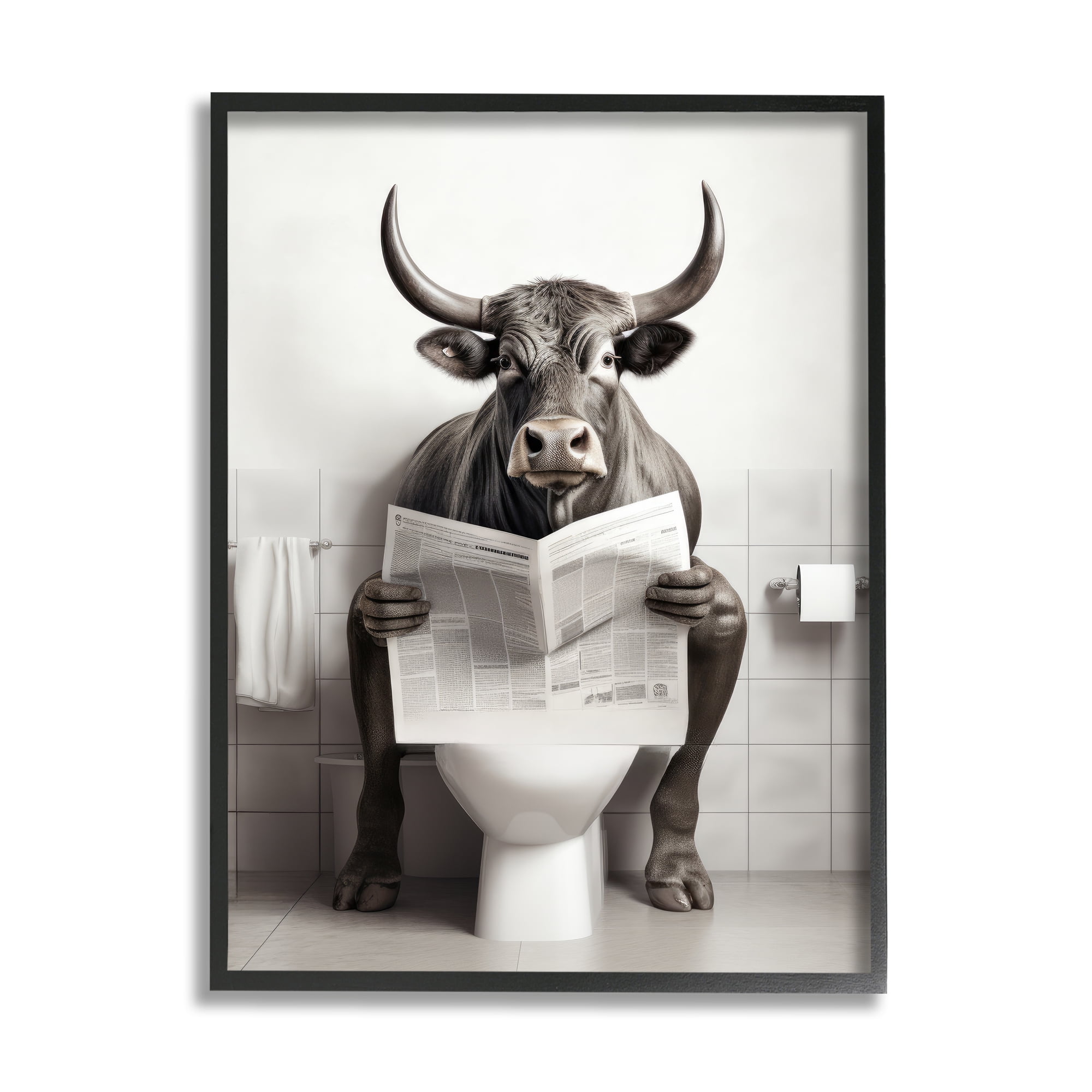 Stupell Industries Cattle Reading Newspaper Animals & Insects Painting Black Framed Art Print Wall Art, 11 x 14