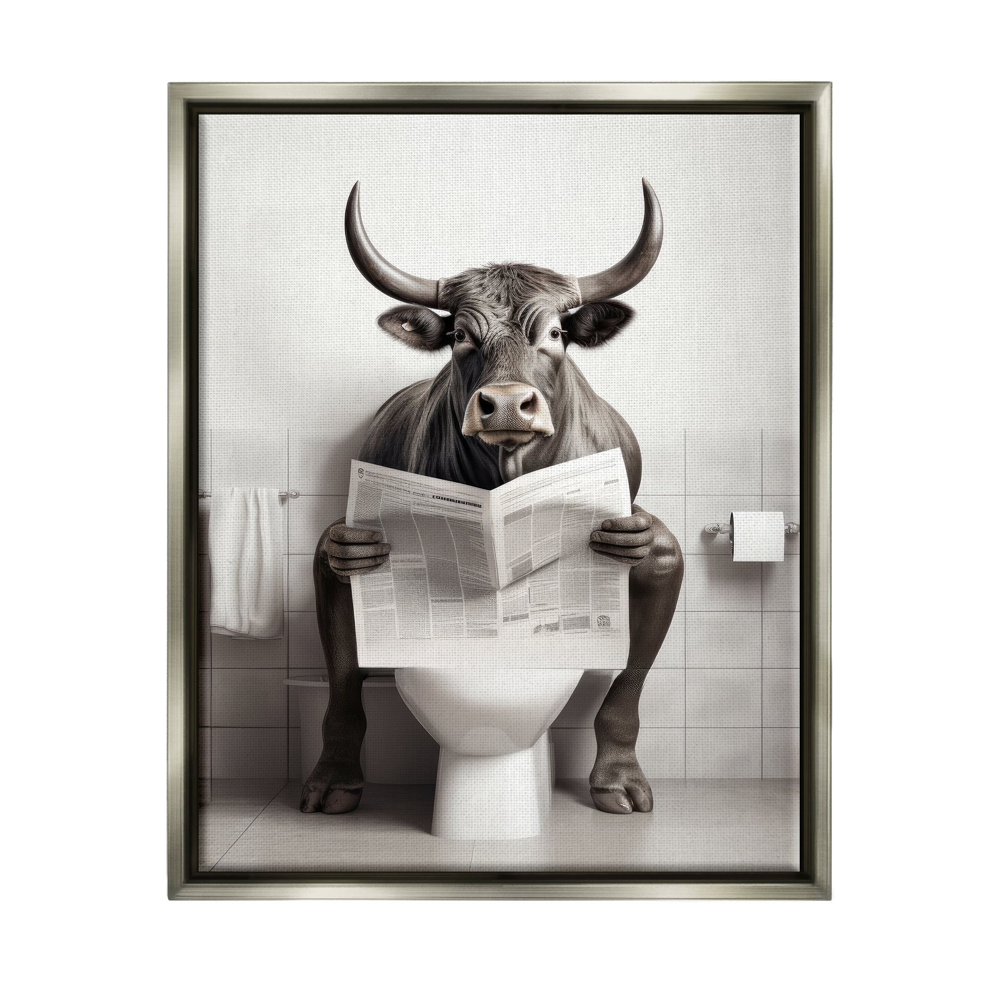 Stupell Industries Cattle Reading Newspaper Animals & Insects Painting Gray Floater Framed Canvas Art Print Wall Art, 25 x 31