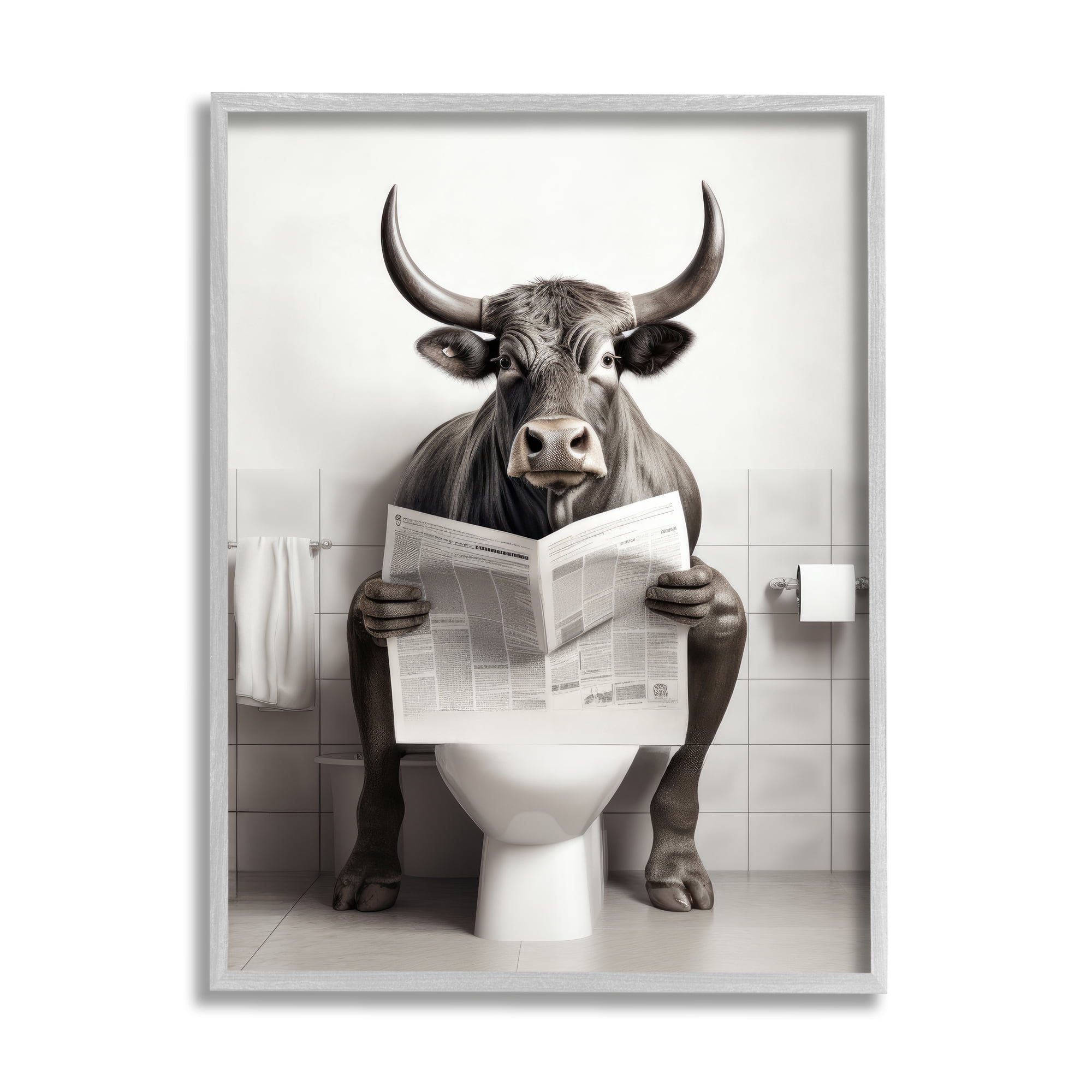 Stupell Industries Cattle Reading Newspaper Animals & Insects Painting Gray Framed Art Print Wall Art, 24 x 30
