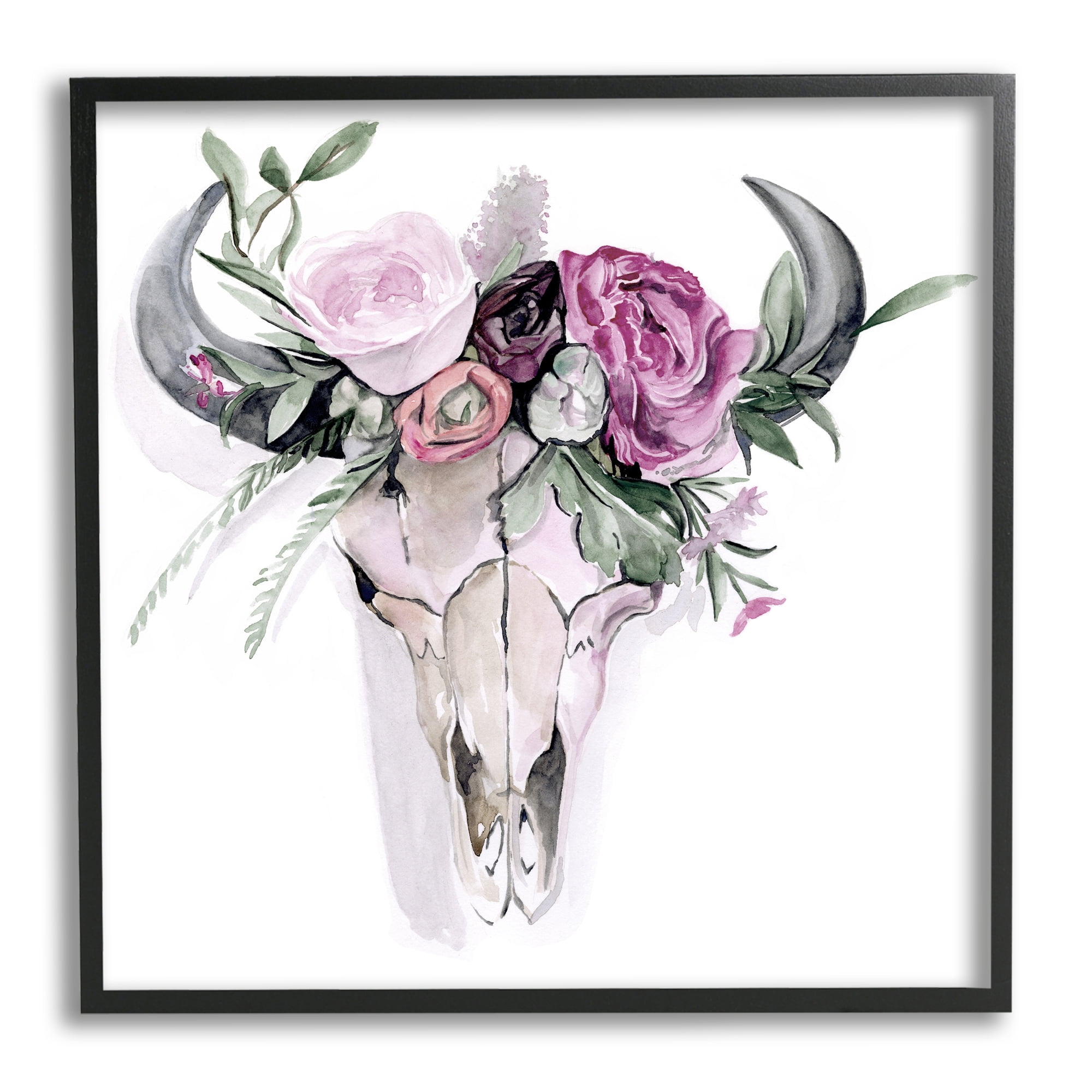 Stupell Industries Cattle Skull Roses Arrangement Animals & Insects Painting Black Framed Art Print Wall Art