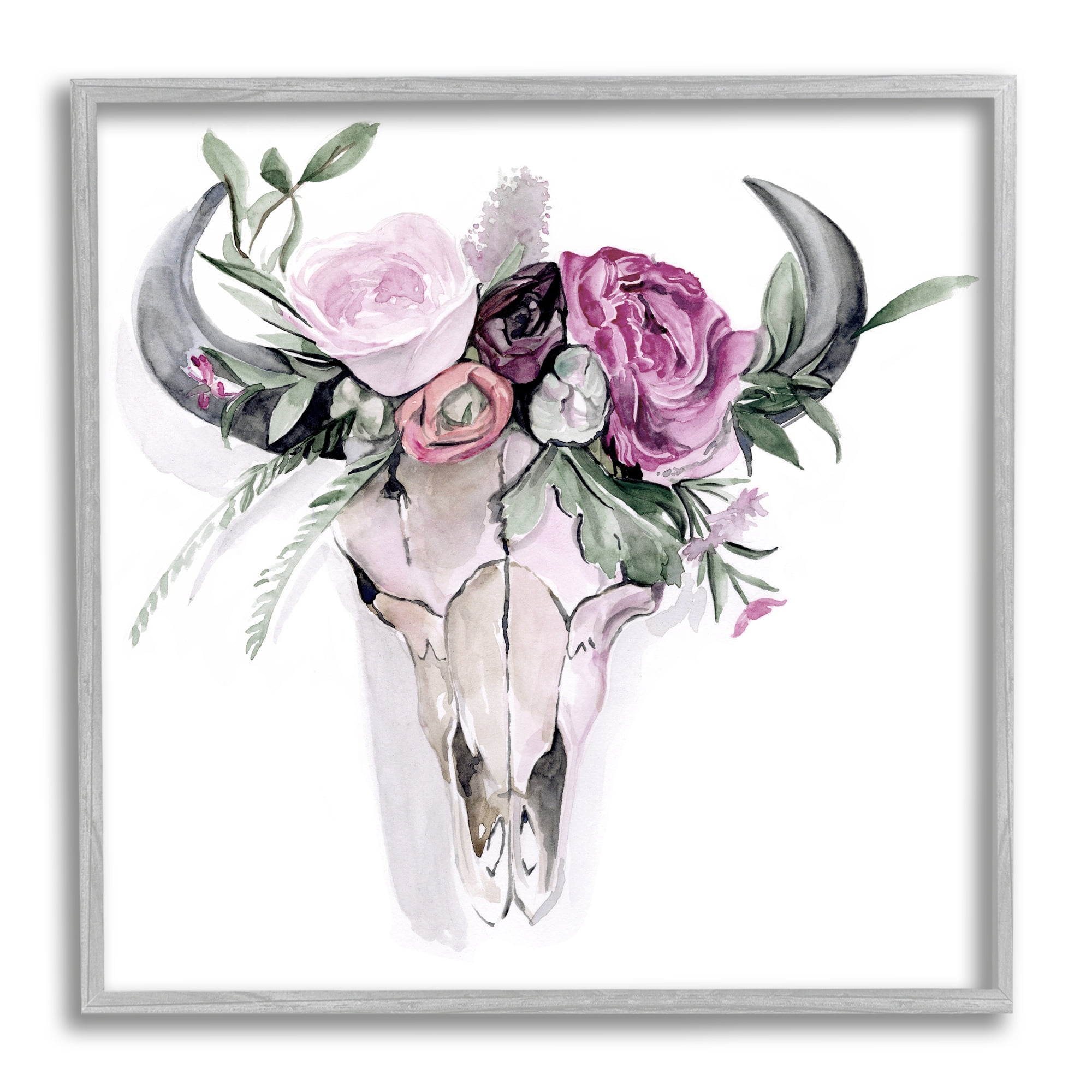 Stupell Industries Cattle Skull Roses Arrangement Animals & Insects Painting Gray Framed Art Print Wall Art