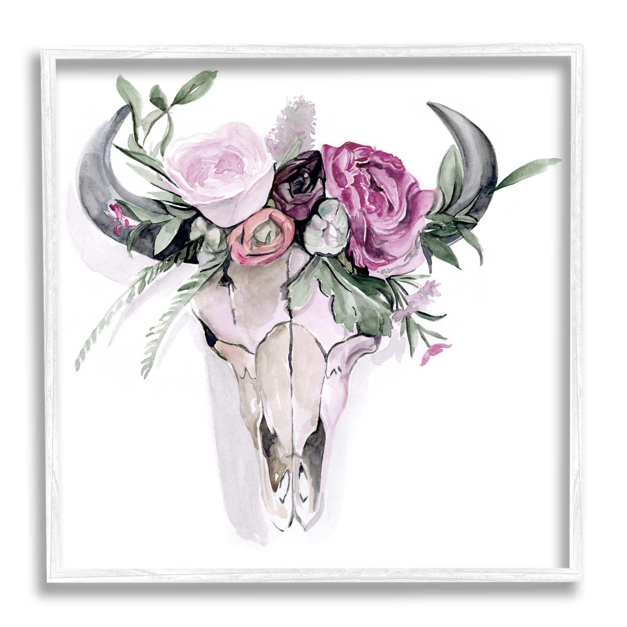 Stupell Industries Cattle Skull Roses Arrangement Animals & Insects Painting White Framed Art Print Wall Art