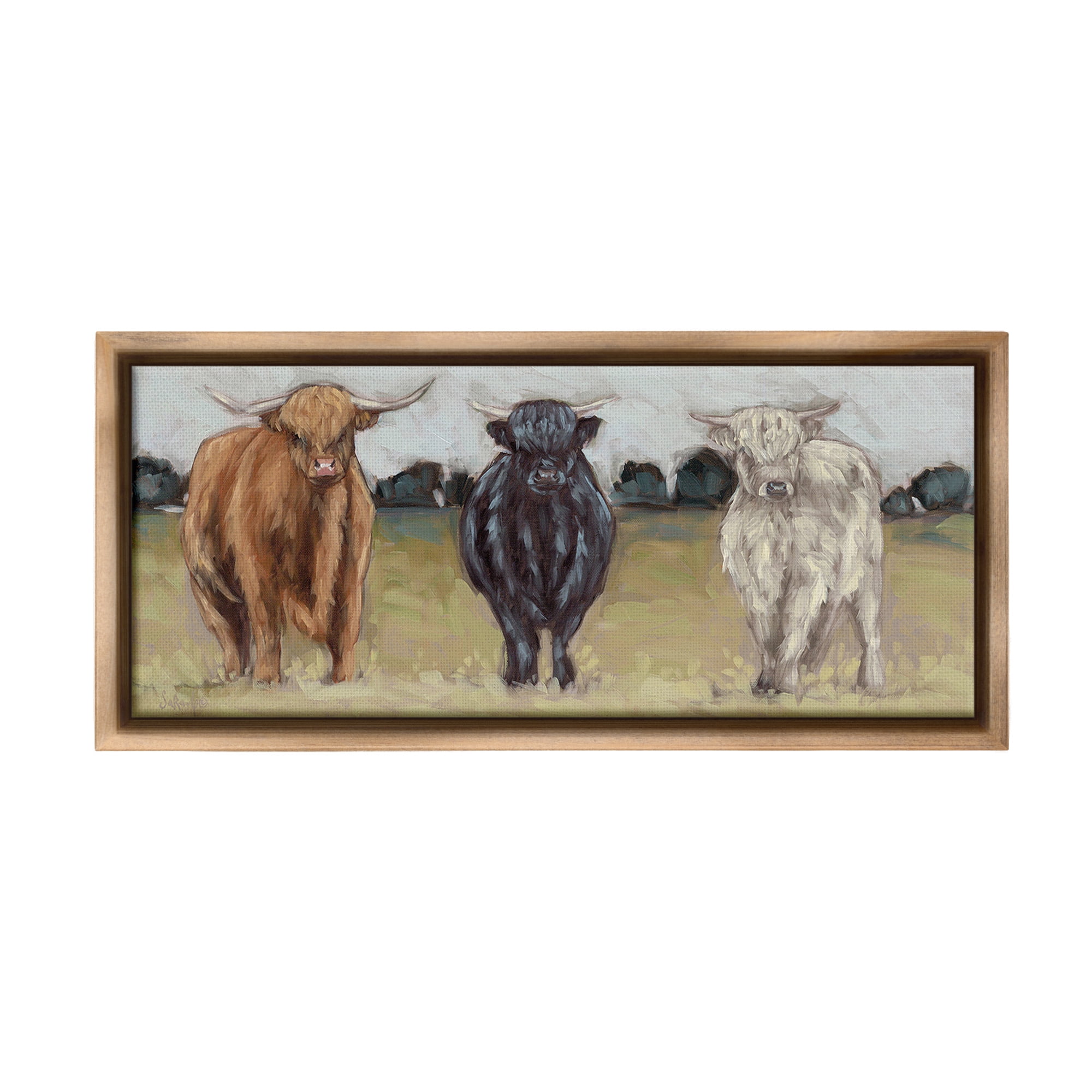 Stupell Industries Cattle Trio in Pasture Animals & Insects Painting Brown Floater Framed Canvas Art Print Wall Art, 25 x 11