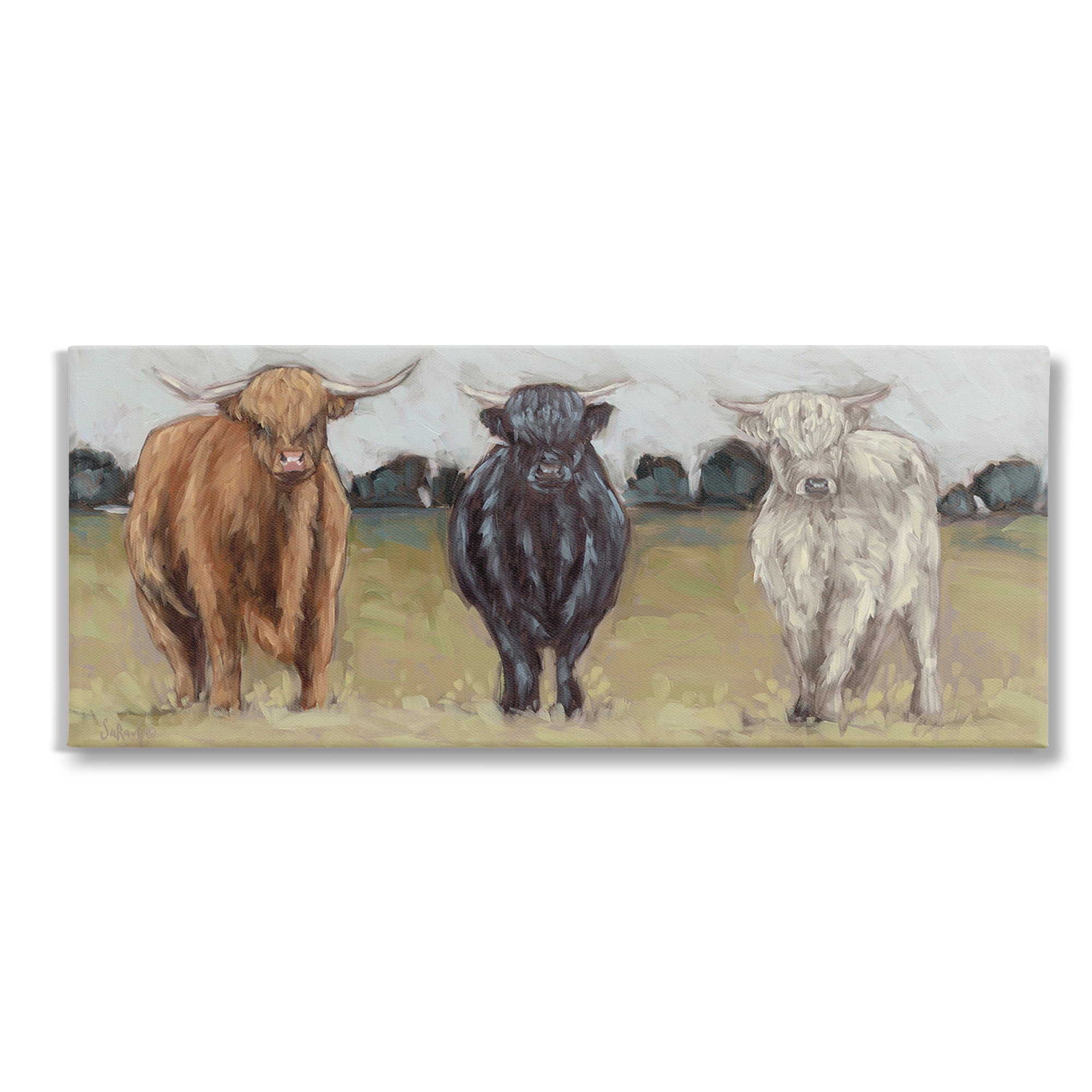 Stupell Industries Cattle Trio in Pasture Animals & Insects Painting Gallery Wrapped Canvas Art Print Wall Art, 30 x 13