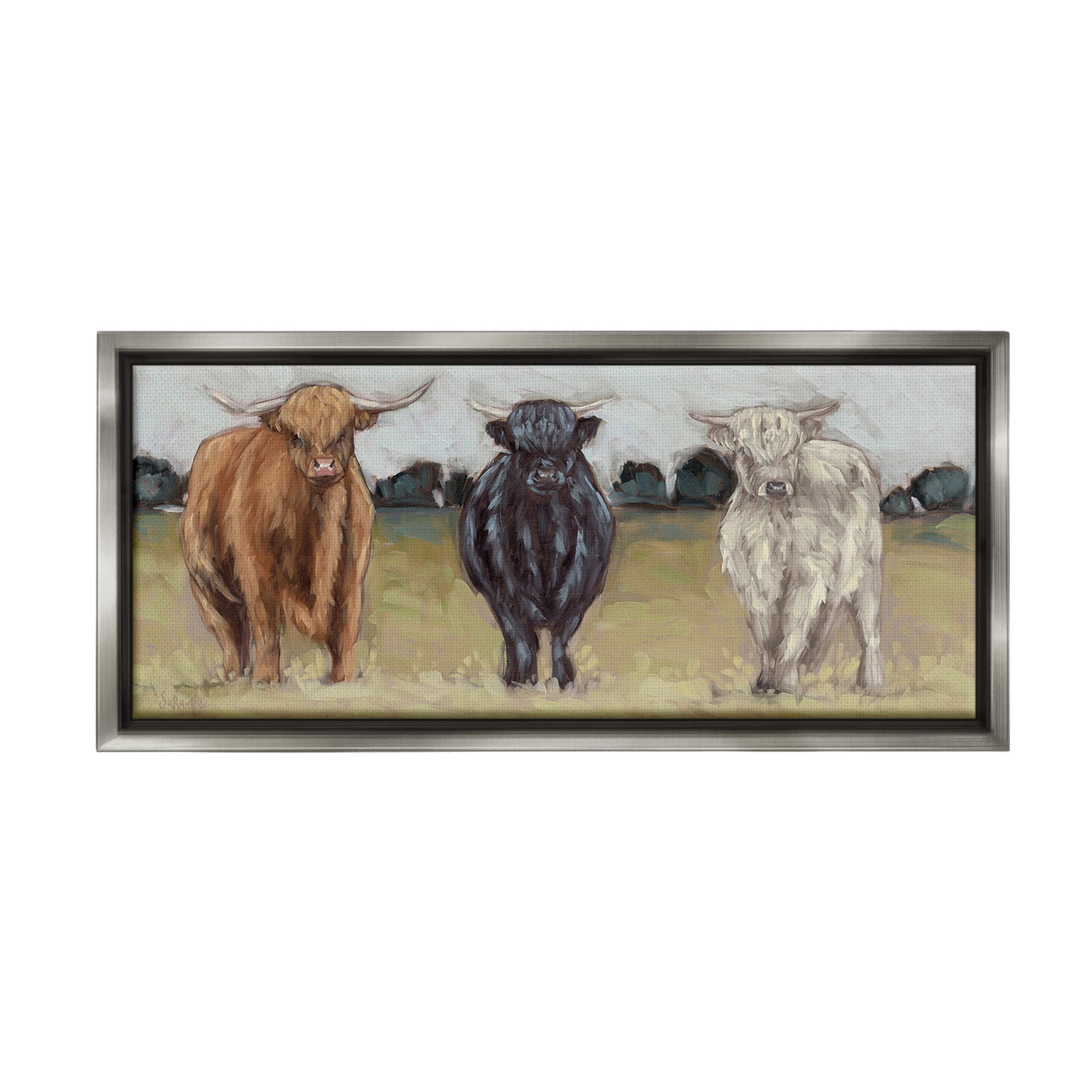 Stupell Industries Cattle Trio in Pasture Animals & Insects Painting Gray Floater Framed Canvas Art Print Wall Art, 31 x 14