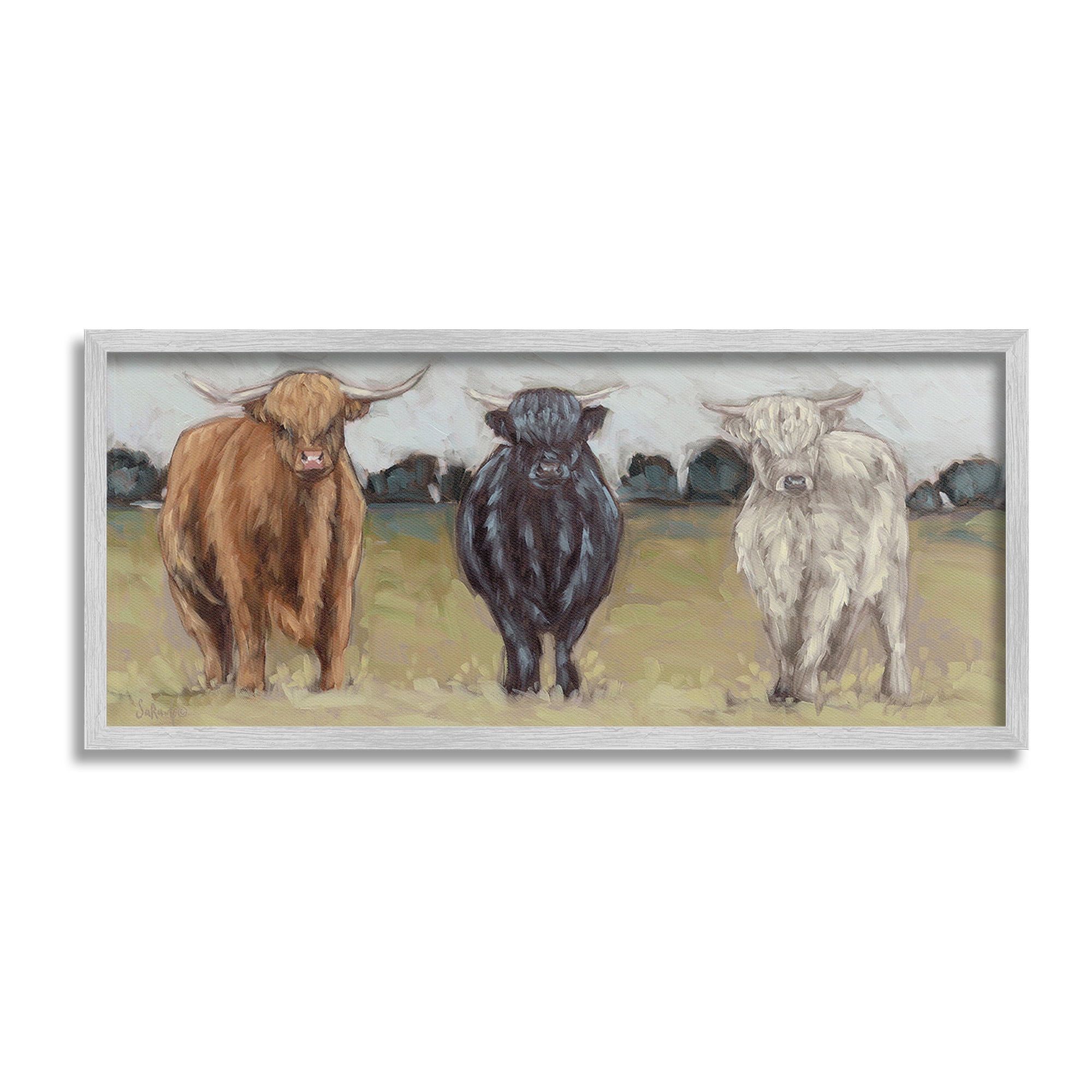 Stupell Industries Cattle Trio in Pasture Animals & Insects Painting Gray Framed Art Print Wall Art, 24 x 10