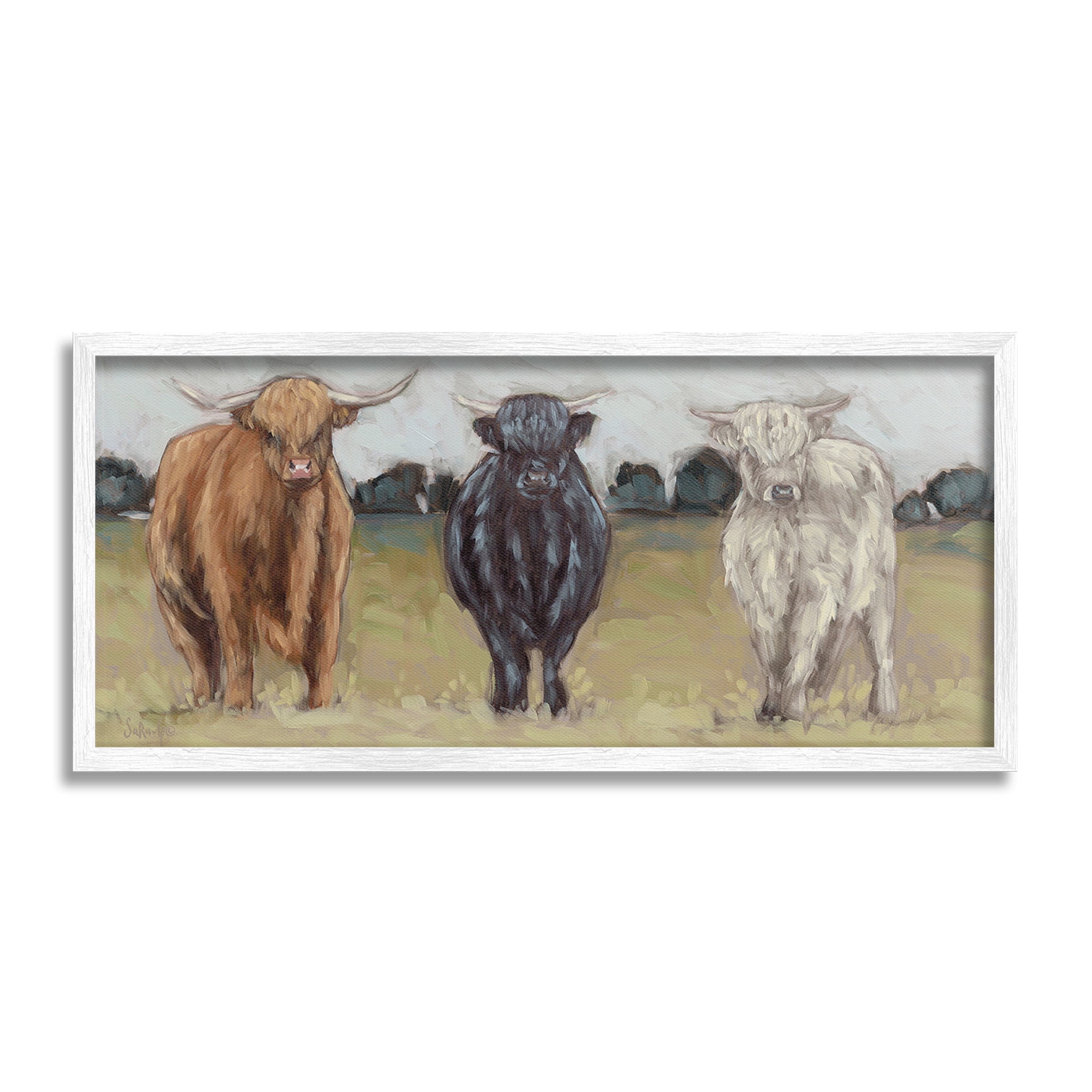 Stupell Industries Cattle Trio in Pasture Animals & Insects Painting White Framed Art Print Wall Art, 30 x 13