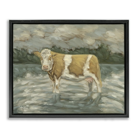 Stupell Industries Cattle Wading in Shore Animals Painting Black Floater Framed Canvas Art Print Wall Art, 21 x 17