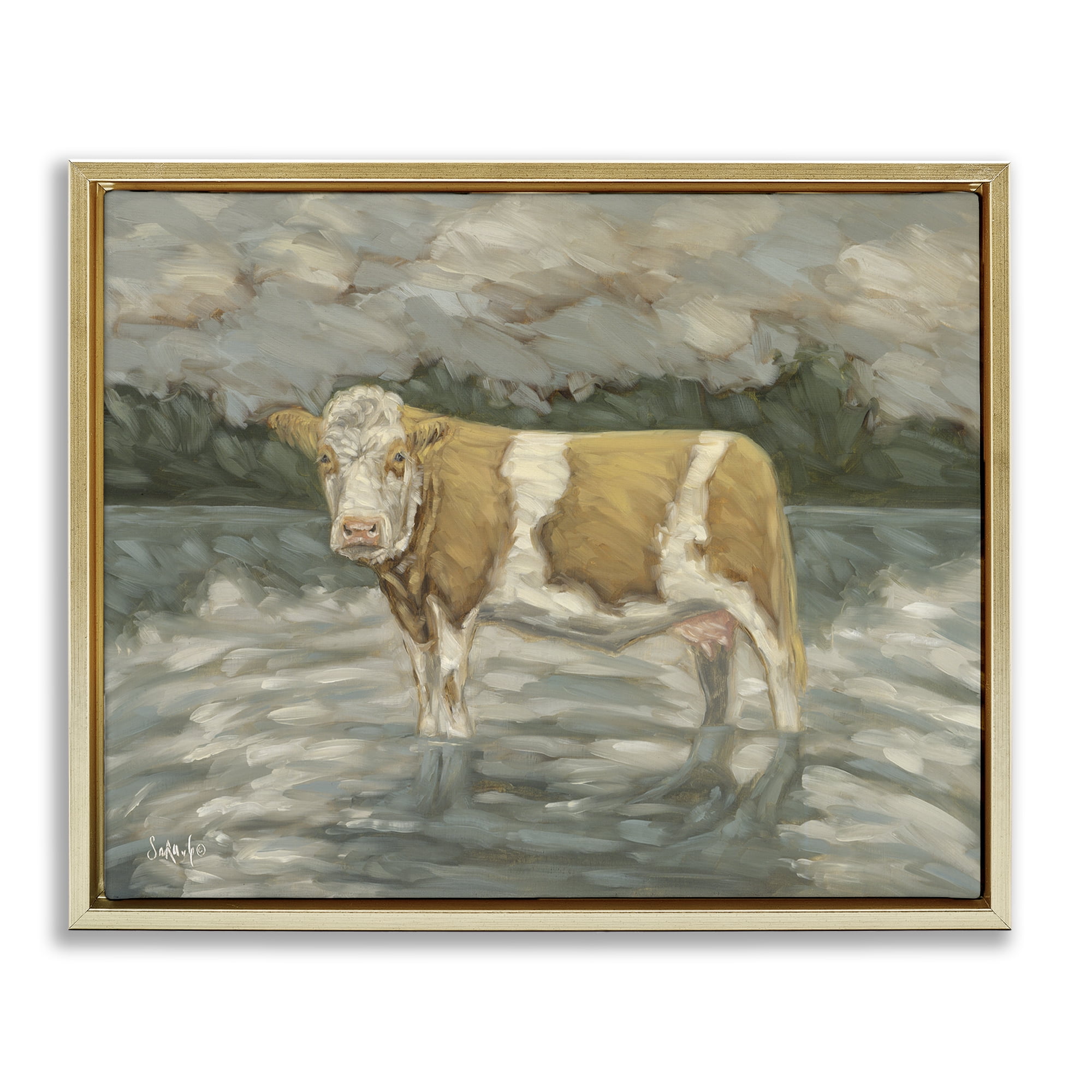 Stupell Industries Cattle Wading in Shore Animals Painting Gold Floater Framed Canvas Art Print Wall Art, 31 x 25
