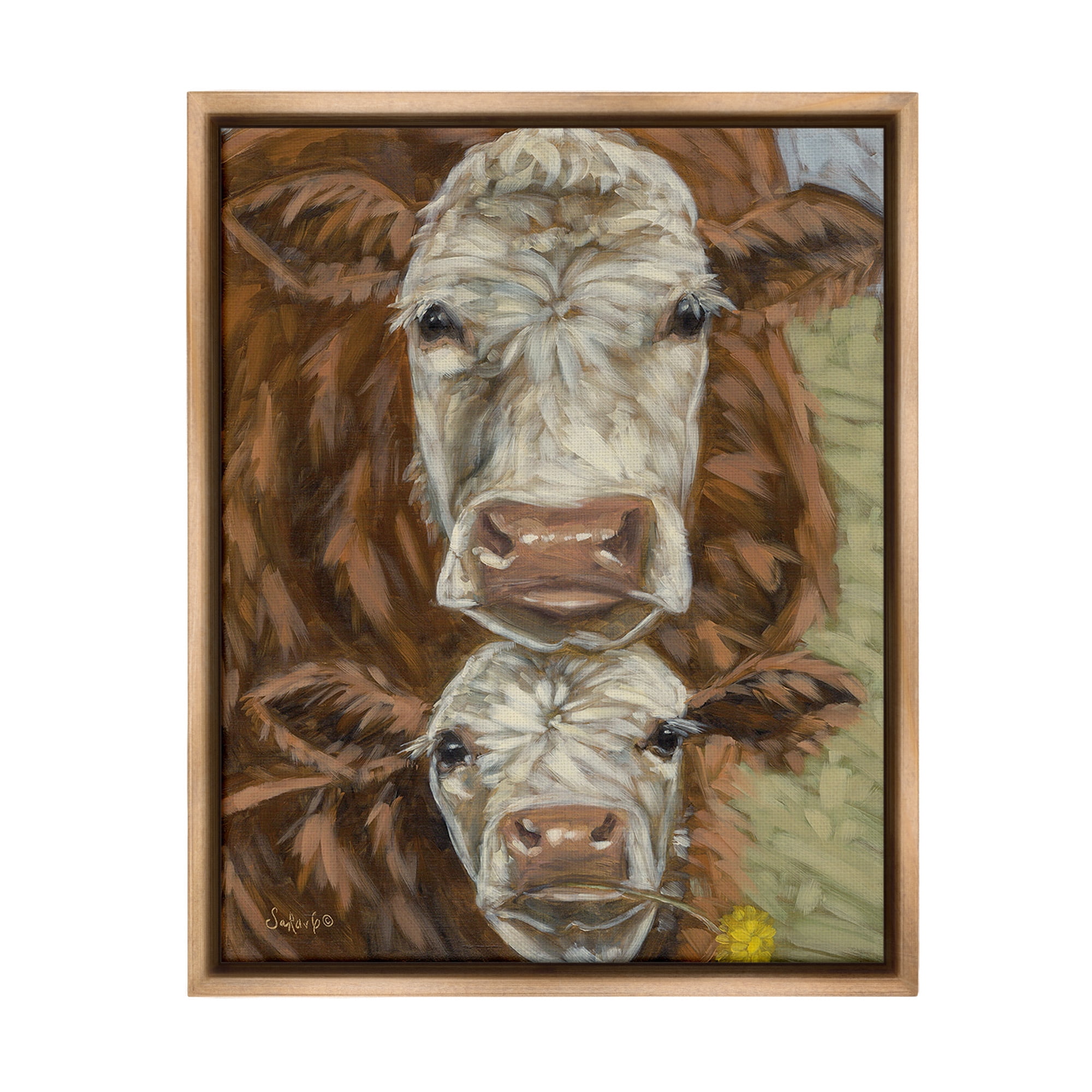 Stupell Industries Cattle and Calf Gazing Animals & Insects Painting Brown Floater Framed Canvas Art Print Wall Art, 25 x 31
