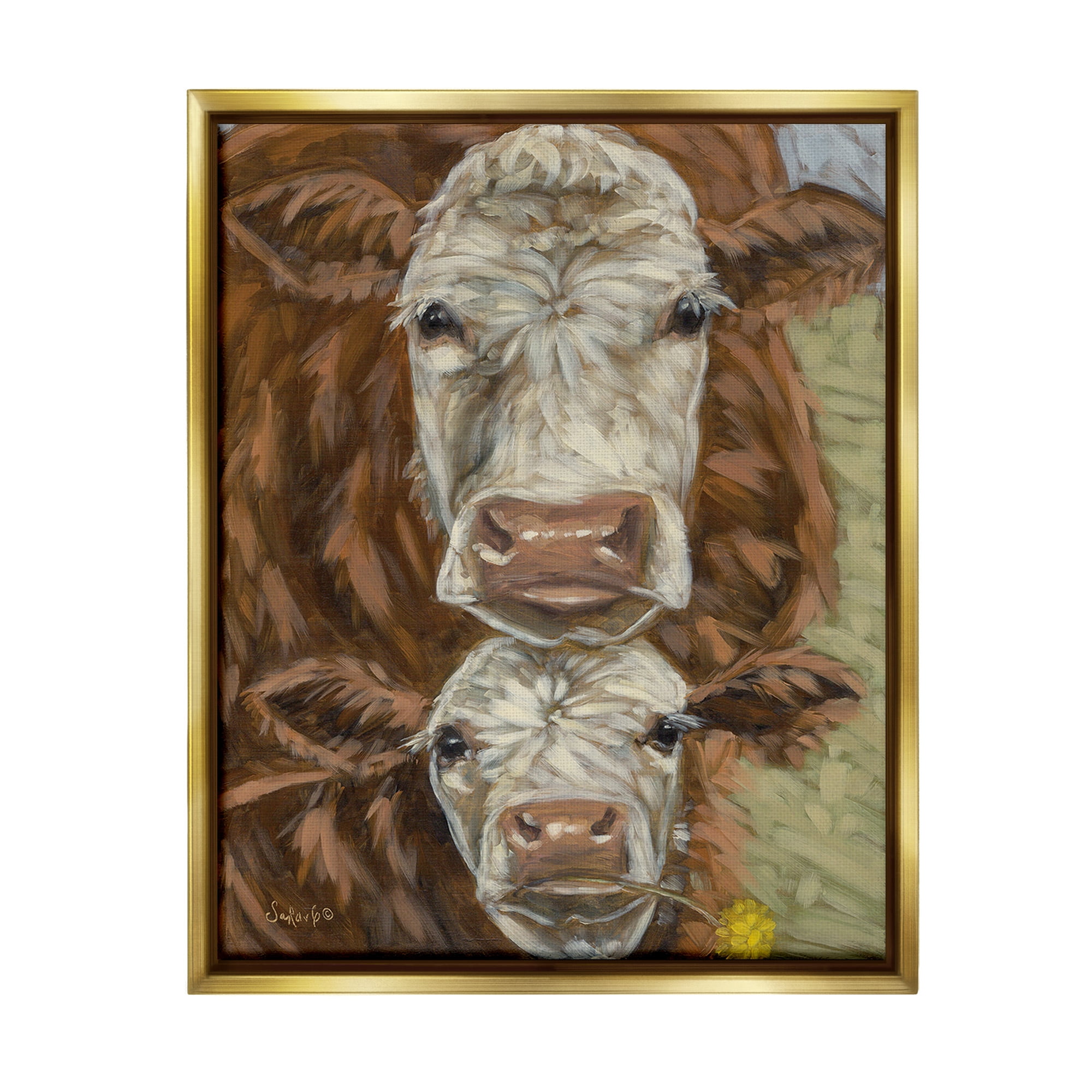 Stupell Industries Cattle and Calf Gazing Animals & Insects Painting Gold Floater Framed Canvas Art Print Wall Art, 17 x 21