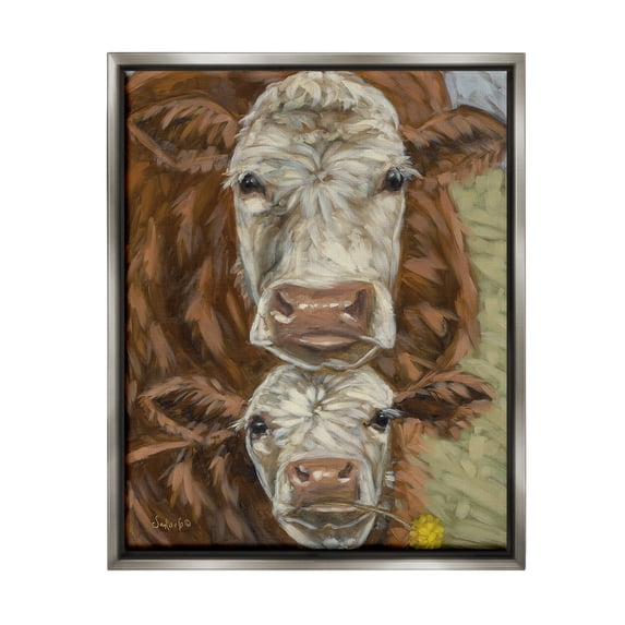 Stupell Industries Cattle and Calf Gazing Animals & Insects Painting Gray Floater Framed Canvas Art Print Wall Art, 17 x 21