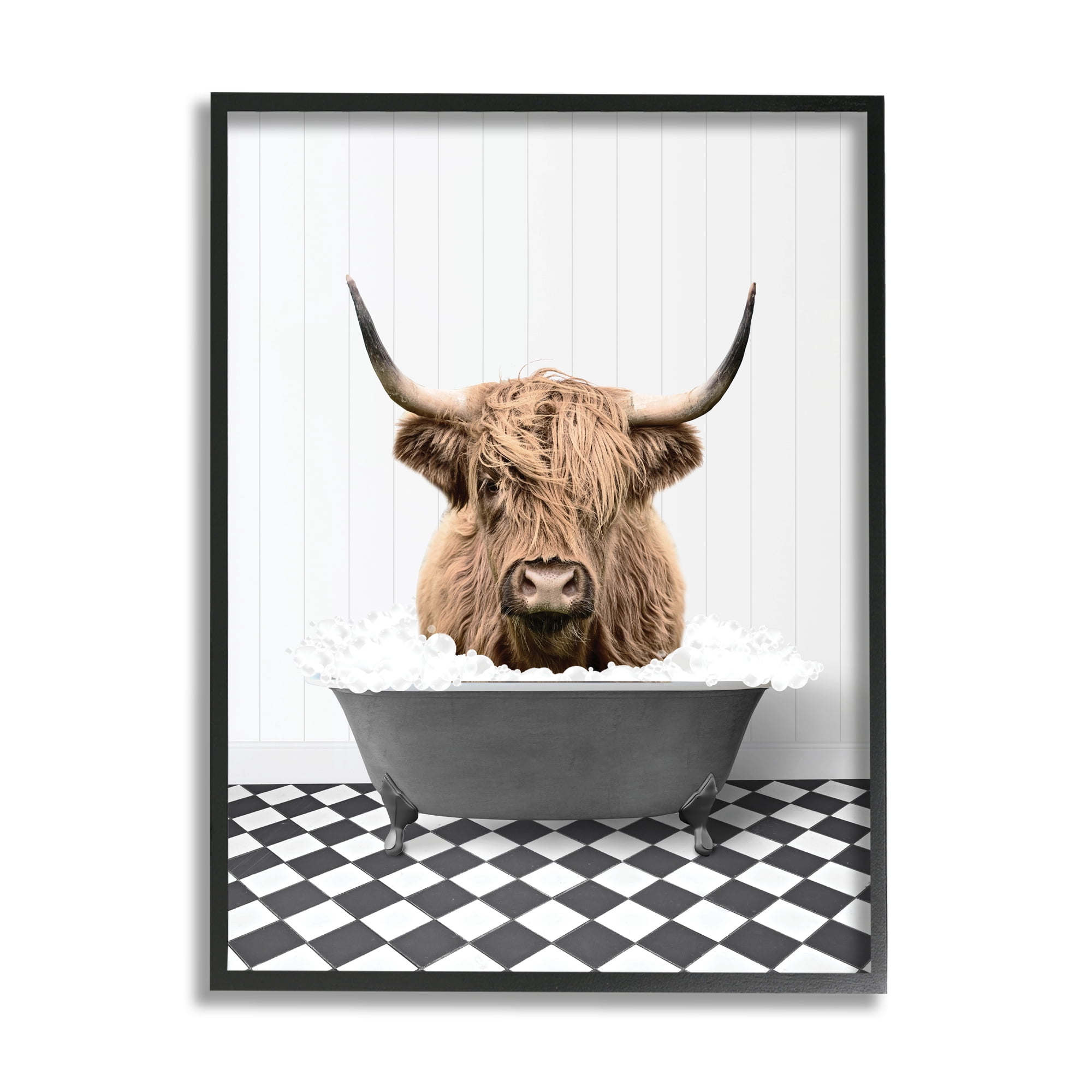Stupell Industries Cattle in Checkered Bathroom Animals & Insects Painting Black Framed Art Print Wall Art, 16 x 20