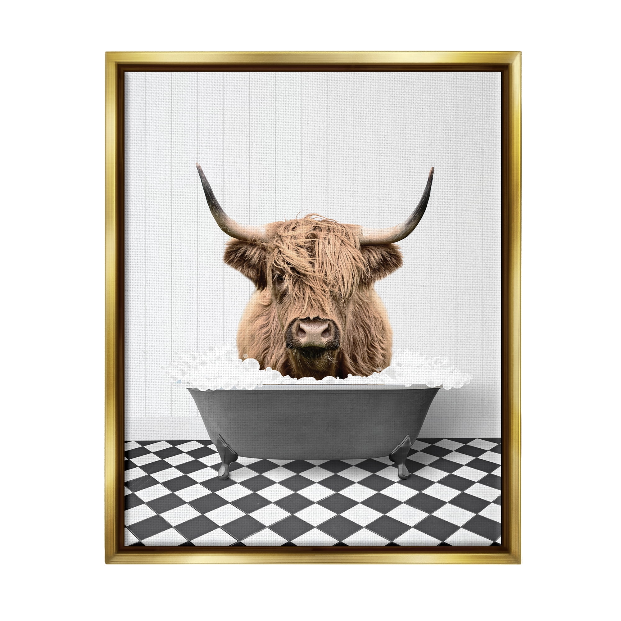 Stupell Industries Cattle in Checkered Bathroom Animals & Insects Painting Gold Floater Framed Art Print Wall Art, 25 x 31