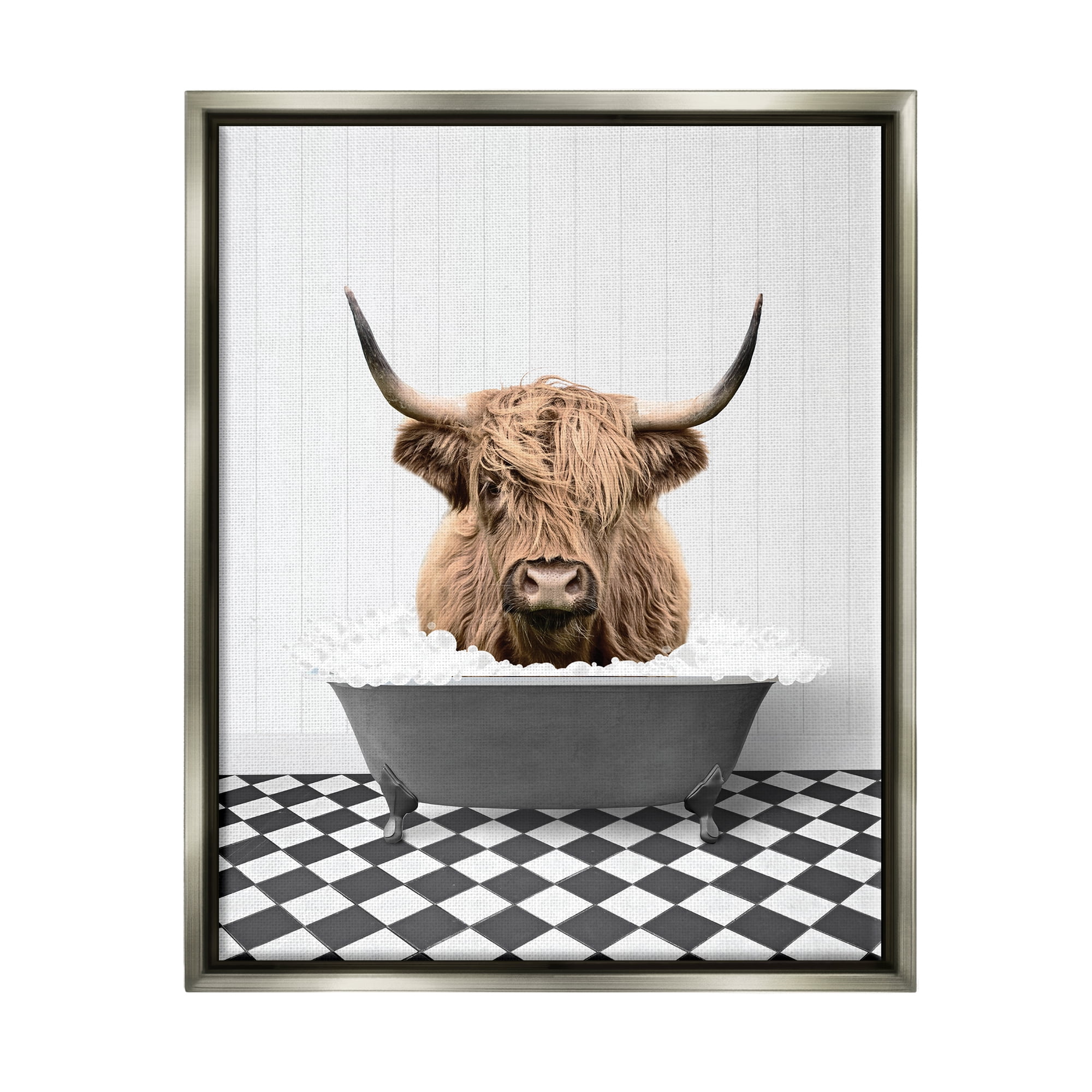 Stupell Industries Cattle in Checkered Bathroom Animals & Insects Painting Gray Floater Framed Art Print Wall Art, 25 x 31