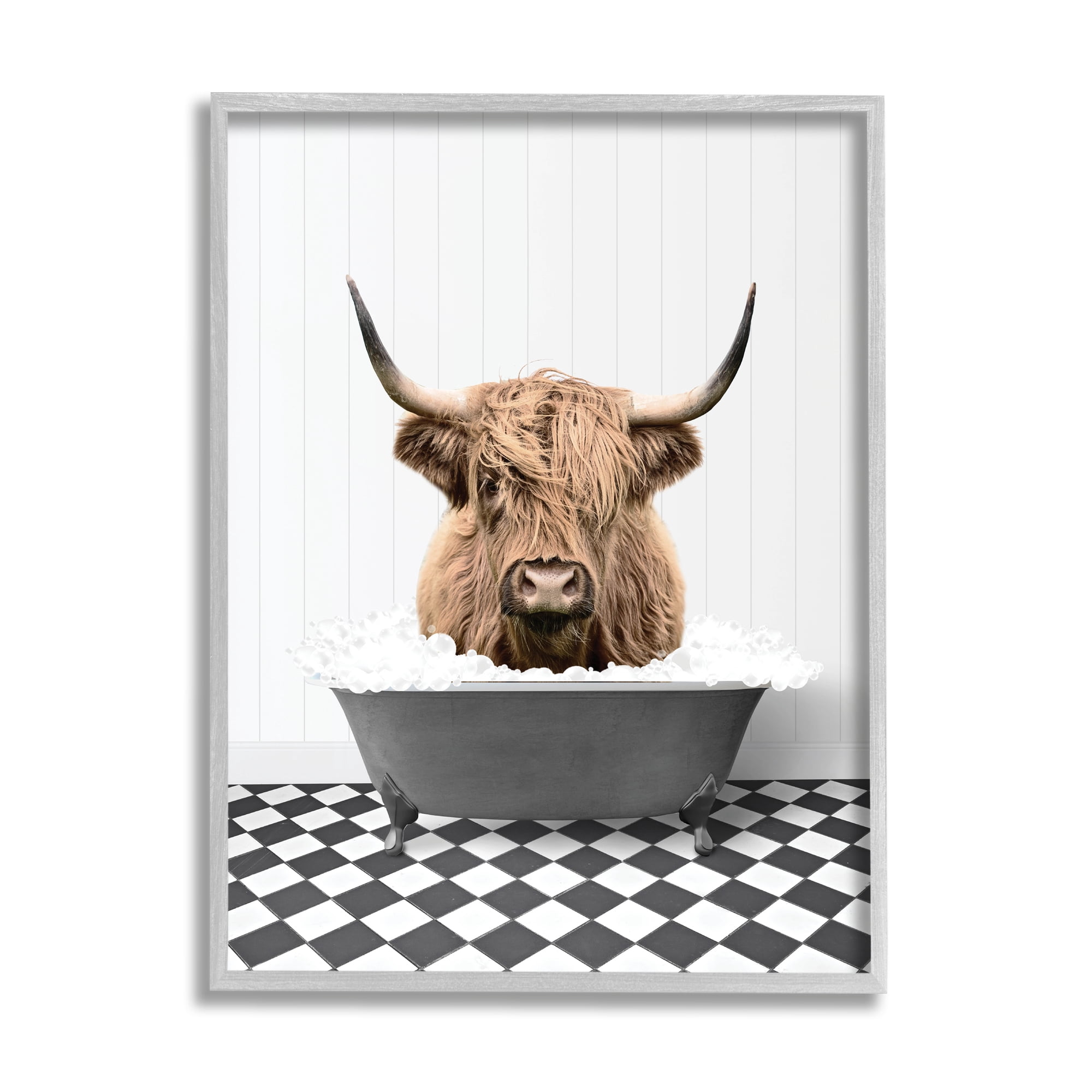 Stupell Industries Cattle in Checkered Bathroom Animals & Insects Painting Gray Framed Art Print Wall Art, 24 x 30