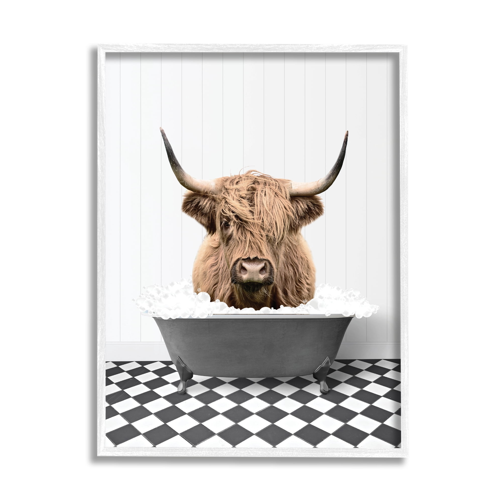 Stupell Industries Cattle in Checkered Bathroom Animals & Insects Painting White Framed Art Print Wall Art, 11 x 14