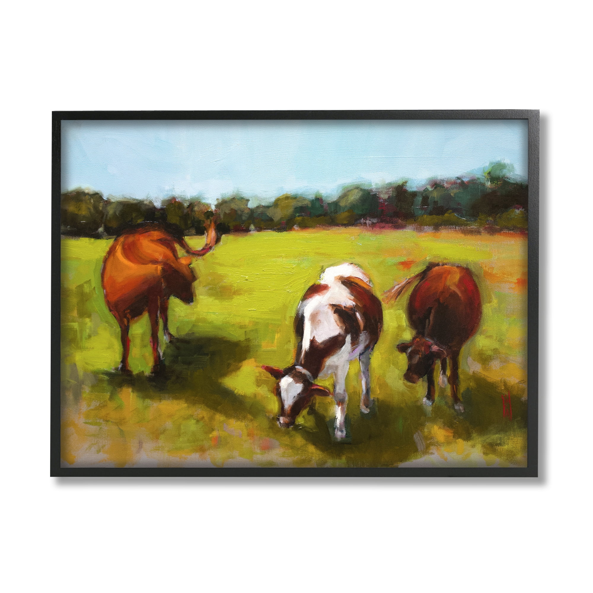 Stupell Industries Cattle in Countryside Painting Animals & Insects Painting Black Framed Art Print Wall Art, 14 x 11