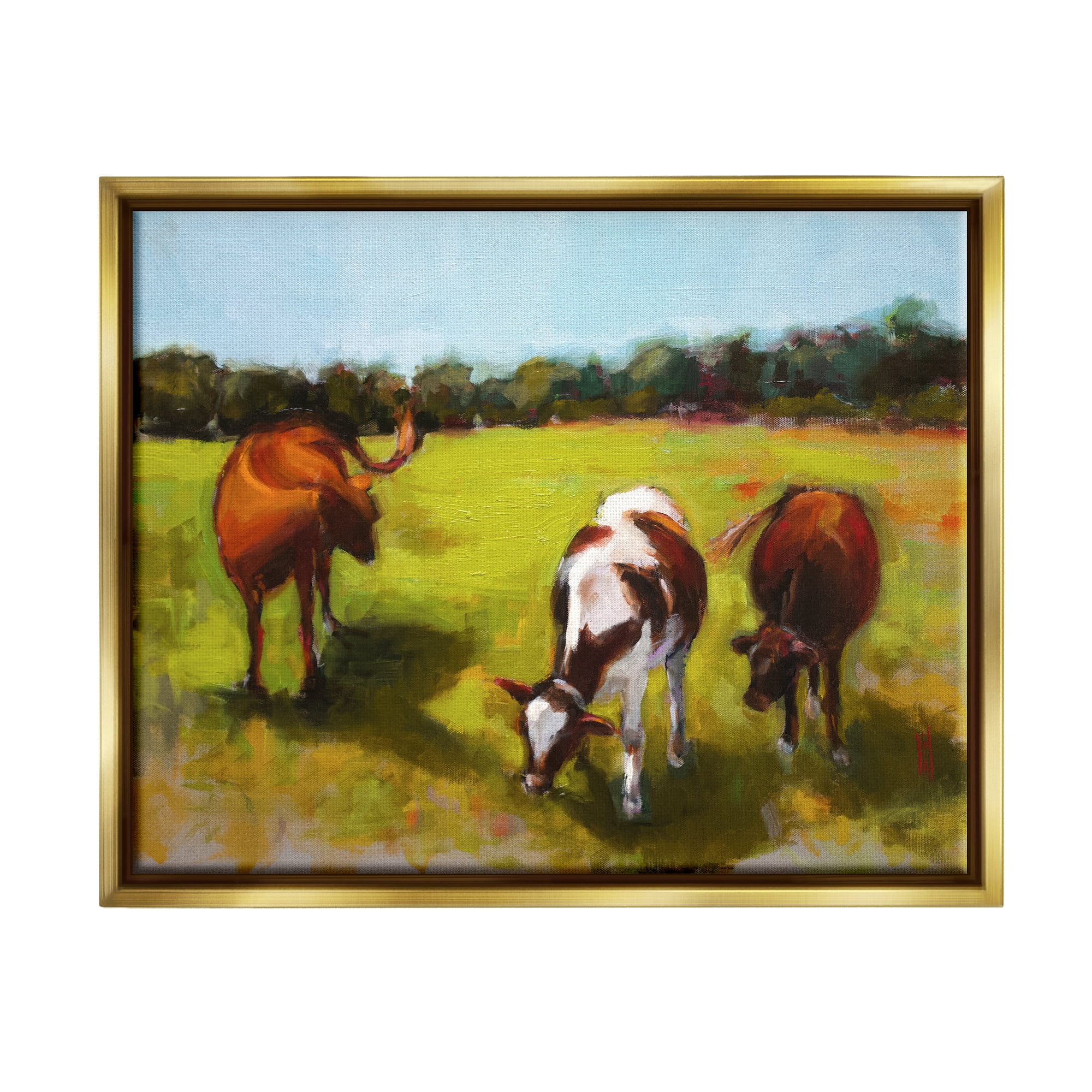 Stupell Industries Cattle in Countryside Painting Animals & Insects Painting Gold Floater Framed Art Print Wall Art, 21 x 17