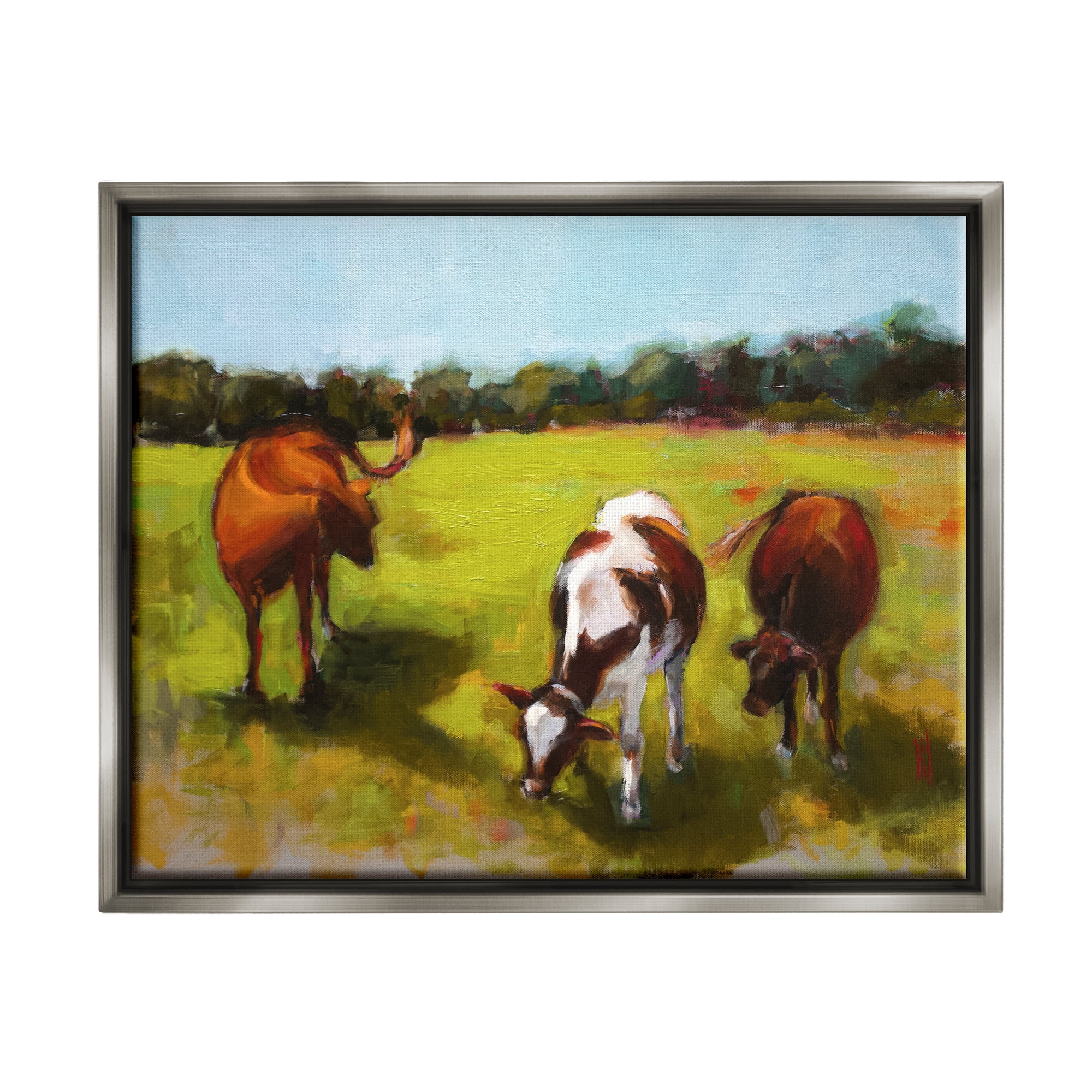 Stupell Industries Cattle in Countryside Painting Animals & Insects Painting Gray Floater Framed Art Print Wall Art, 31 x 25