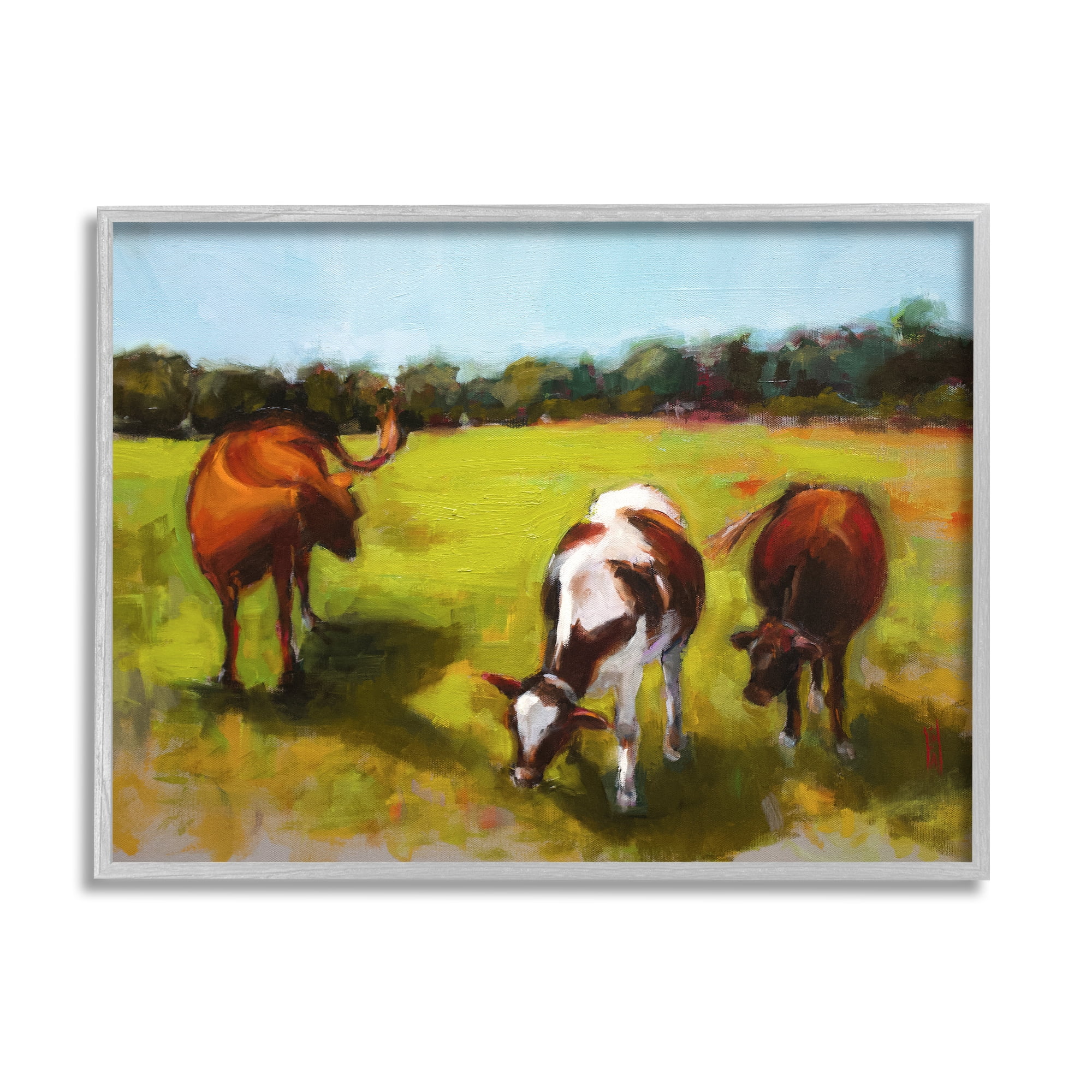 Stupell Industries Cattle in Countryside Painting Animals & Insects Painting Gray Framed Art Print Wall Art, 20 x 16