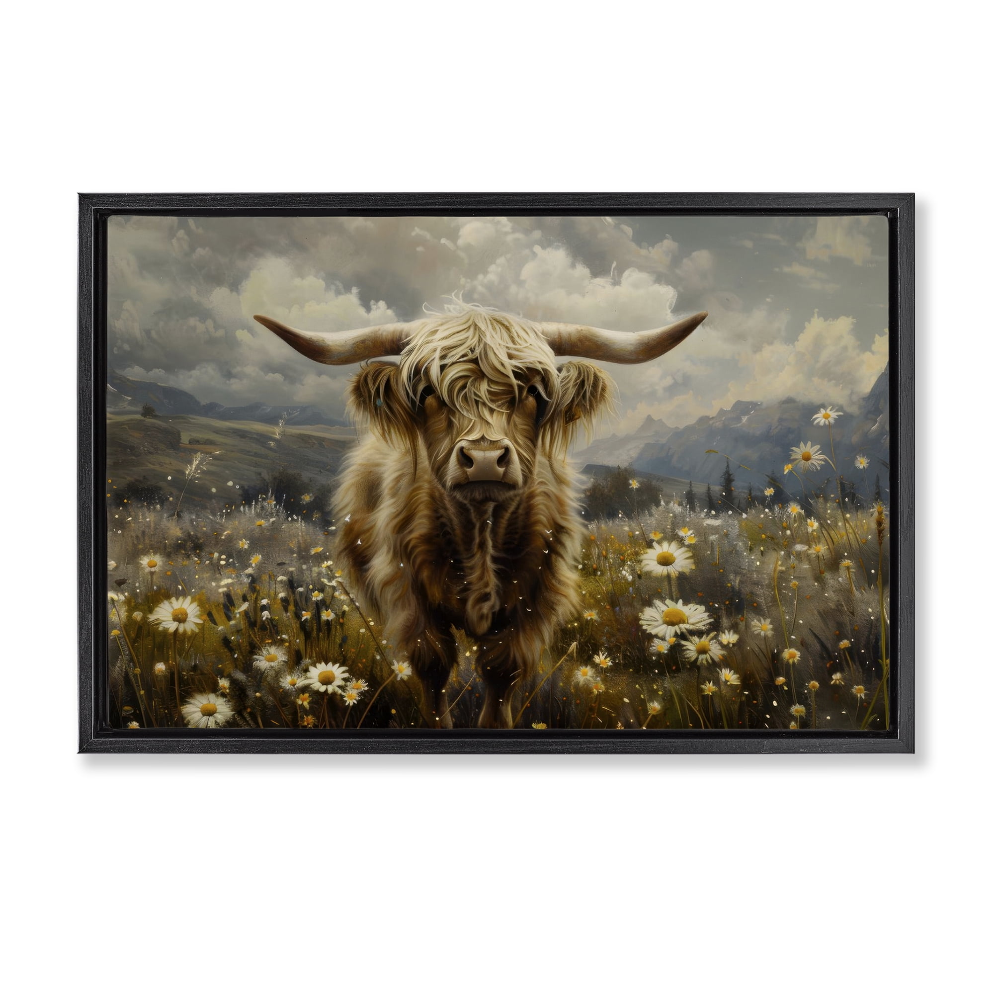Stupell Industries Cattle in Daisy Field Animals Painting Black Floater Framed Canvas Art Print Wall Art, 25 x 17