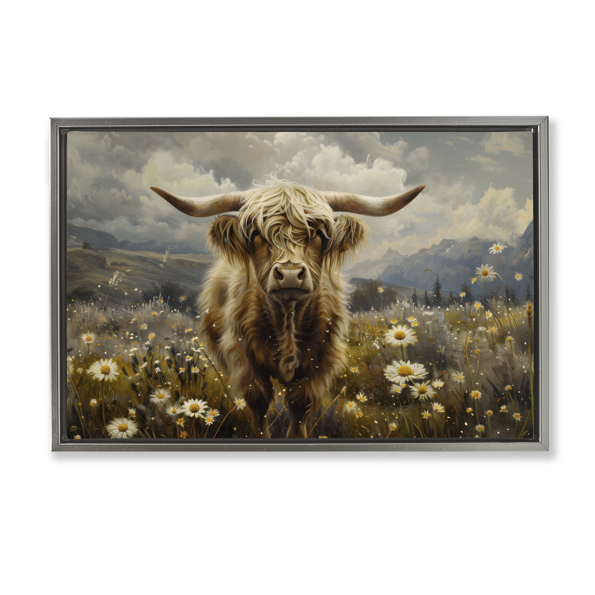 Stupell Industries Cattle in Daisy Field Animals Painting Gray Floater Framed Canvas Art Print Wall Art, 25 x 17