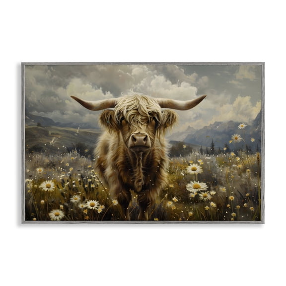 Stupell Industries Cattle in Daisy Field Animals Painting Gray Framed Art Print Wall Art, 18 x 12