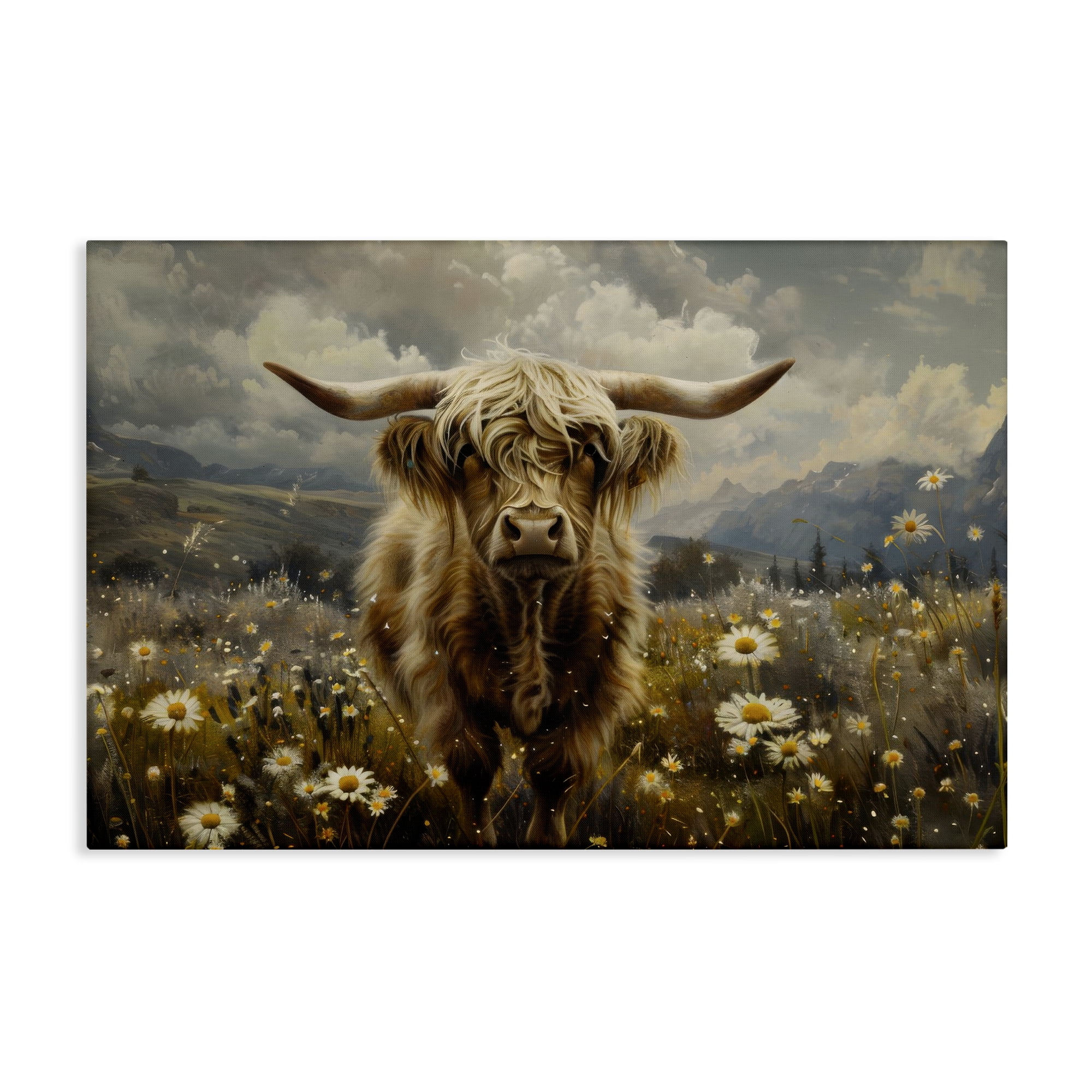 Stupell Industries Cattle in Daisy Field Animals Painting Wrapped Canvas Art Print Wall Art, 30 x 20