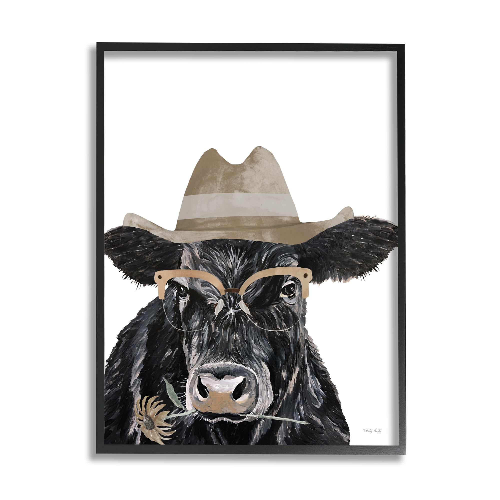 Stupell Industries Cattle in Hat & Glasses Animals & Insects Painting Black Framed Art Print Wall Art, 16 x 20