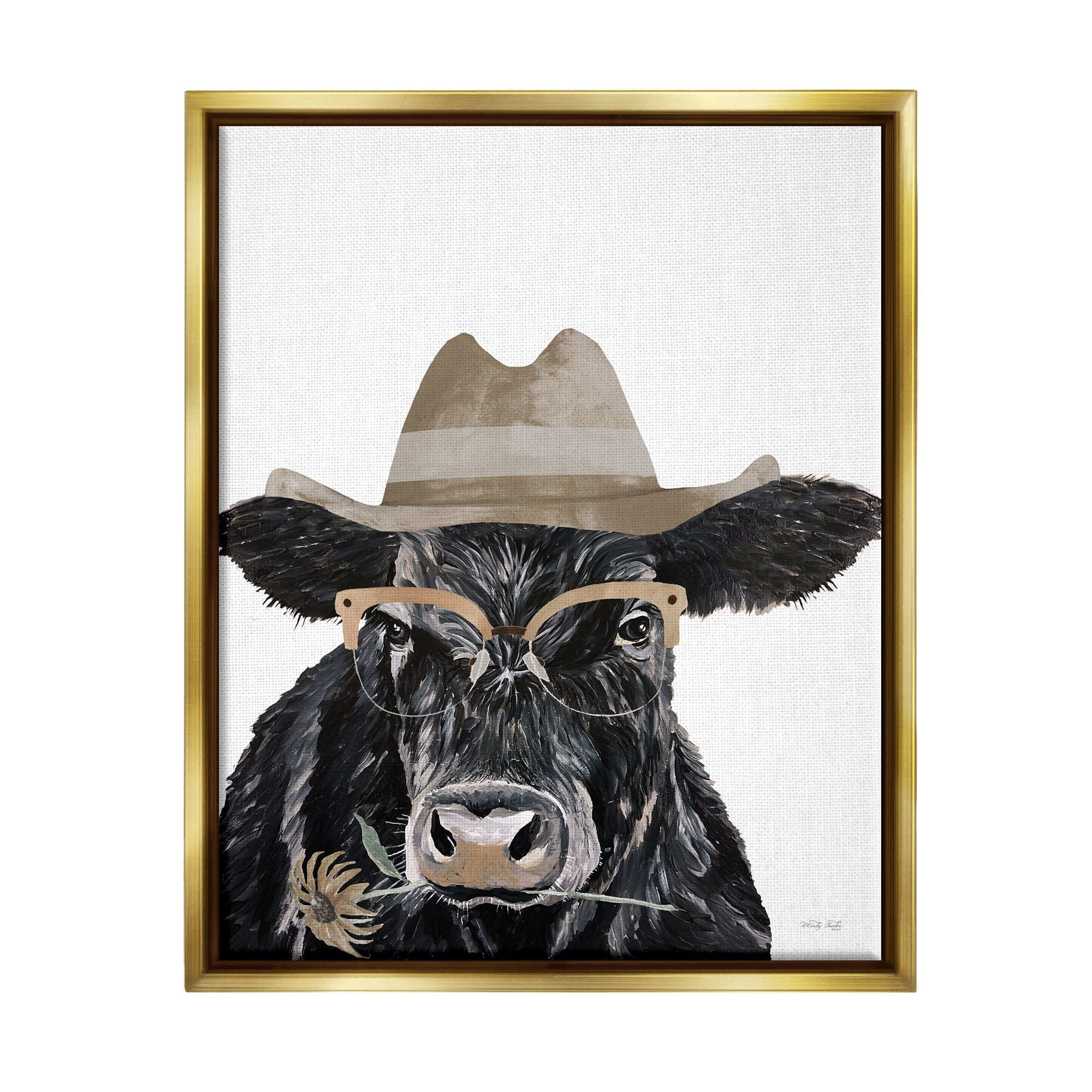 Stupell Industries Cattle in Hat & Glasses Animals & Insects Painting Gold Floater Framed Art Print Wall Art, 17 x 21