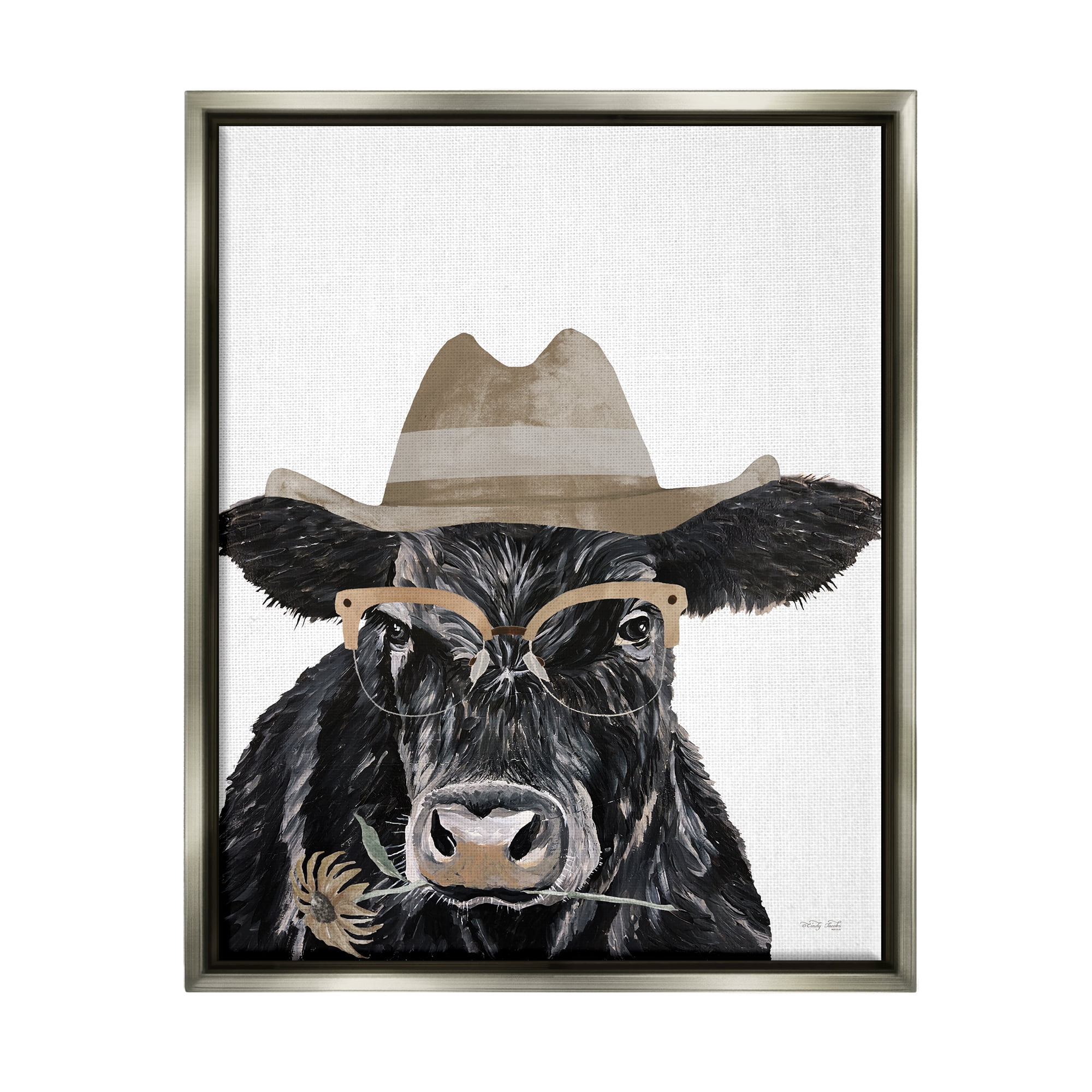 Stupell Industries Cattle in Hat & Glasses Animals & Insects Painting Gray Floater Framed Art Print Wall Art, 25 x 31
