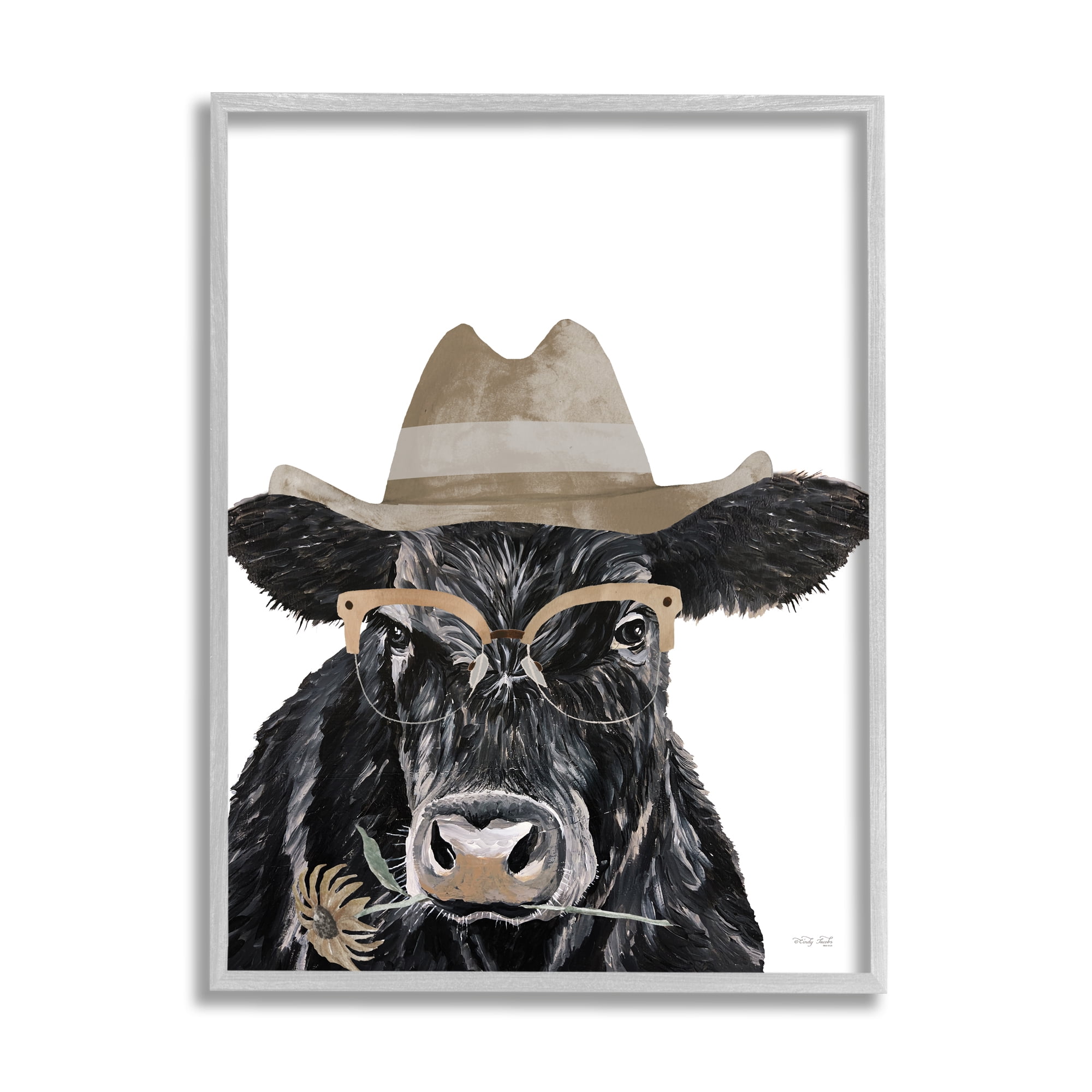 Stupell Industries Cattle in Hat & Glasses Animals & Insects Painting Gray Framed Art Print Wall Art, 11 x 14