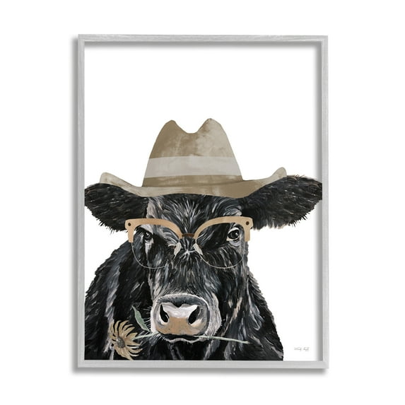 Stupell Industries Cattle in Hat & Glasses Animals & Insects Painting Gray Framed Art Print Wall Art, 16 x 20