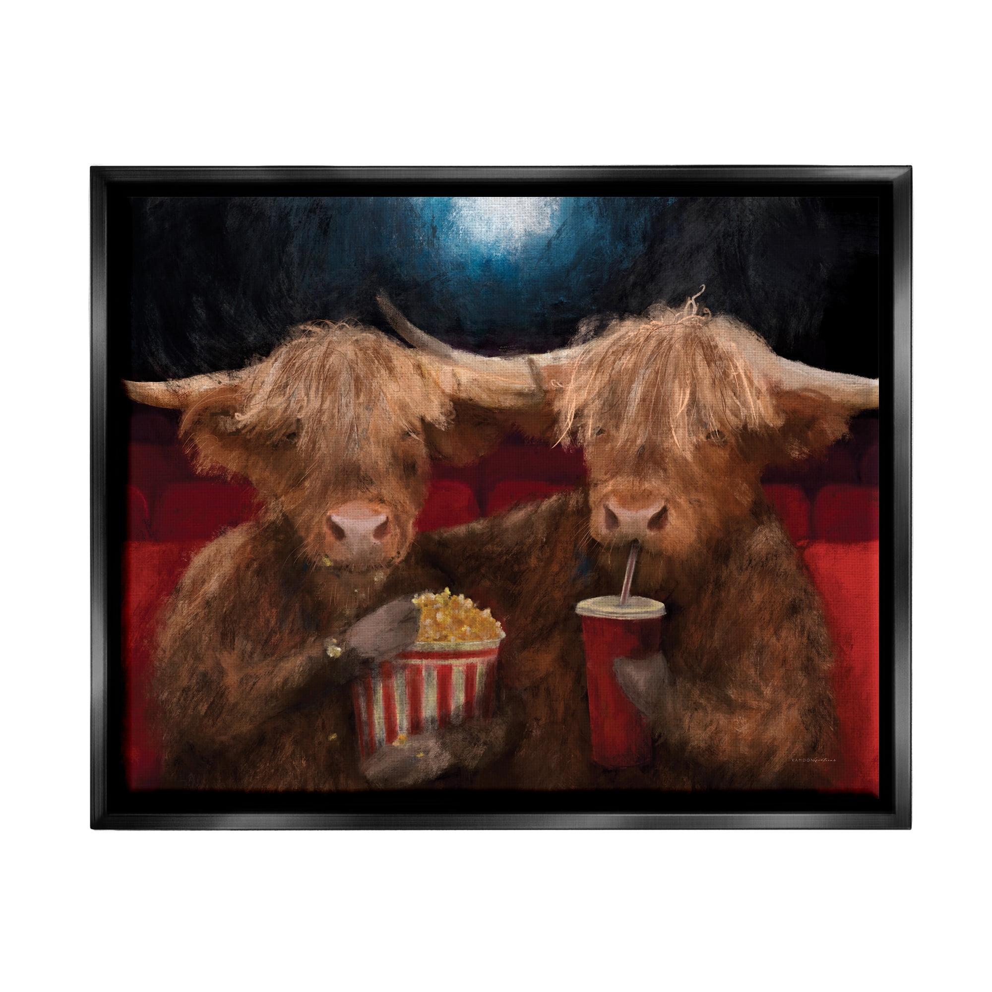 Stupell Industries Cattle in Movie Theater Animals & Insects Painting Black Floater Framed Art Print Wall Art, 31 x 25