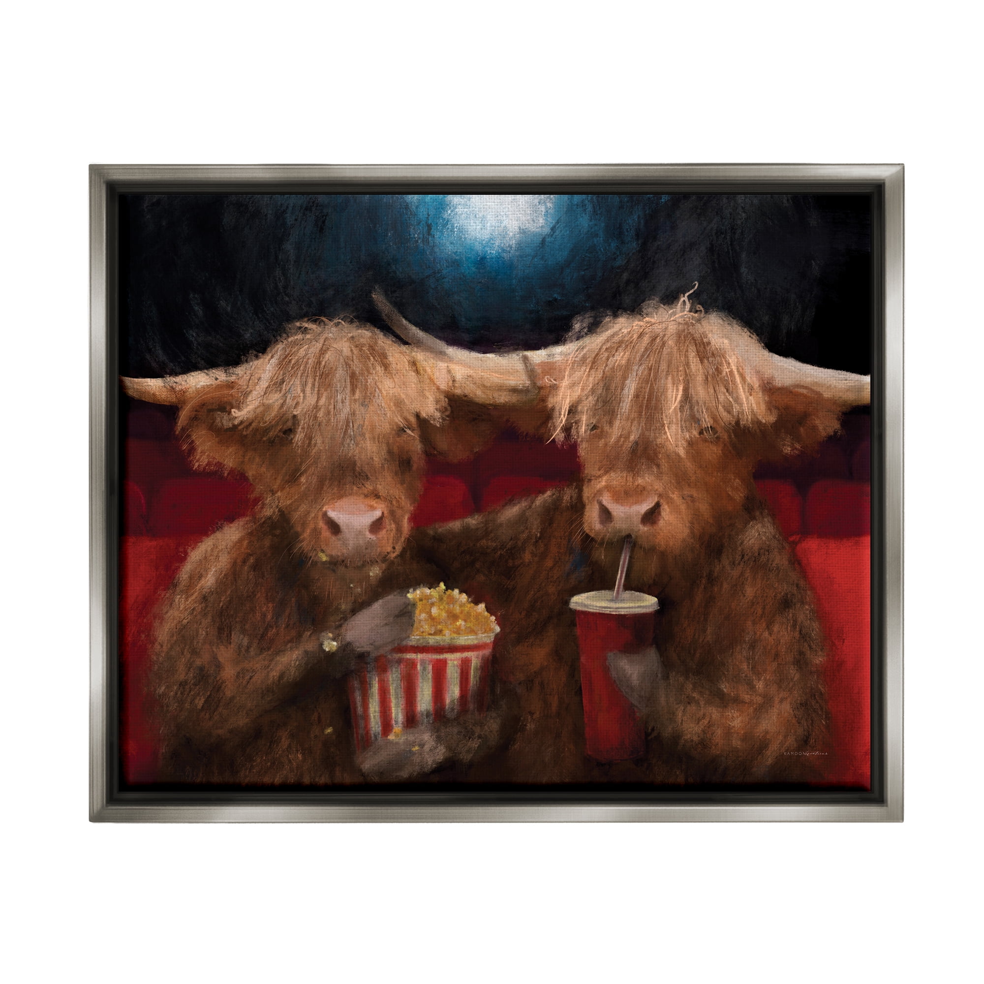 Stupell Industries Cattle in Movie Theater Animals & Insects Painting Gray Floater Framed Art Print Wall Art, 31 x 25