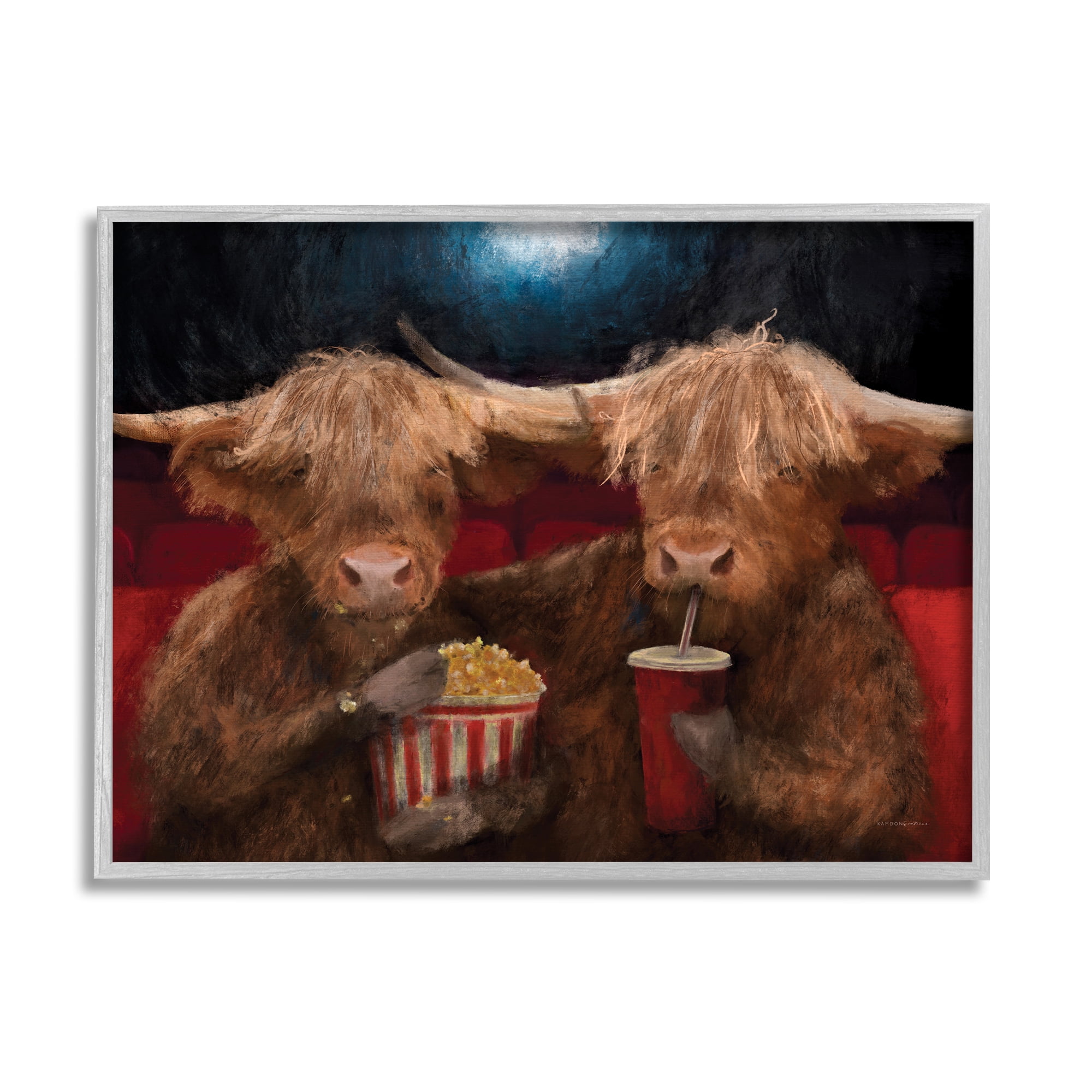 Stupell Industries Cattle in Movie Theater Animals & Insects Painting Gray Framed Art Print Wall Art, 14 x 11