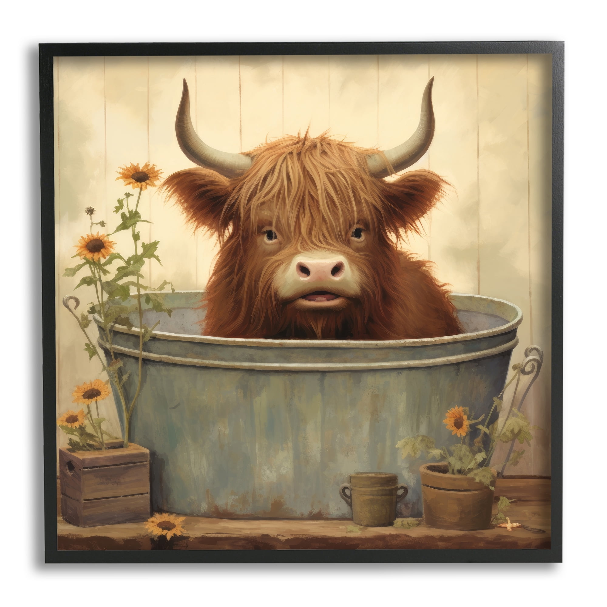 Stupell Industries Cattle in Vintage Bath Tin Animals & Insects Painting Black Framed Art Print Wall Art, 17 x 17