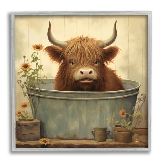 Stupell Industries Cattle in Vintage Bath Tin Animals & Insects Painting Gray Framed Art Print Wall Art, 12 x 12
