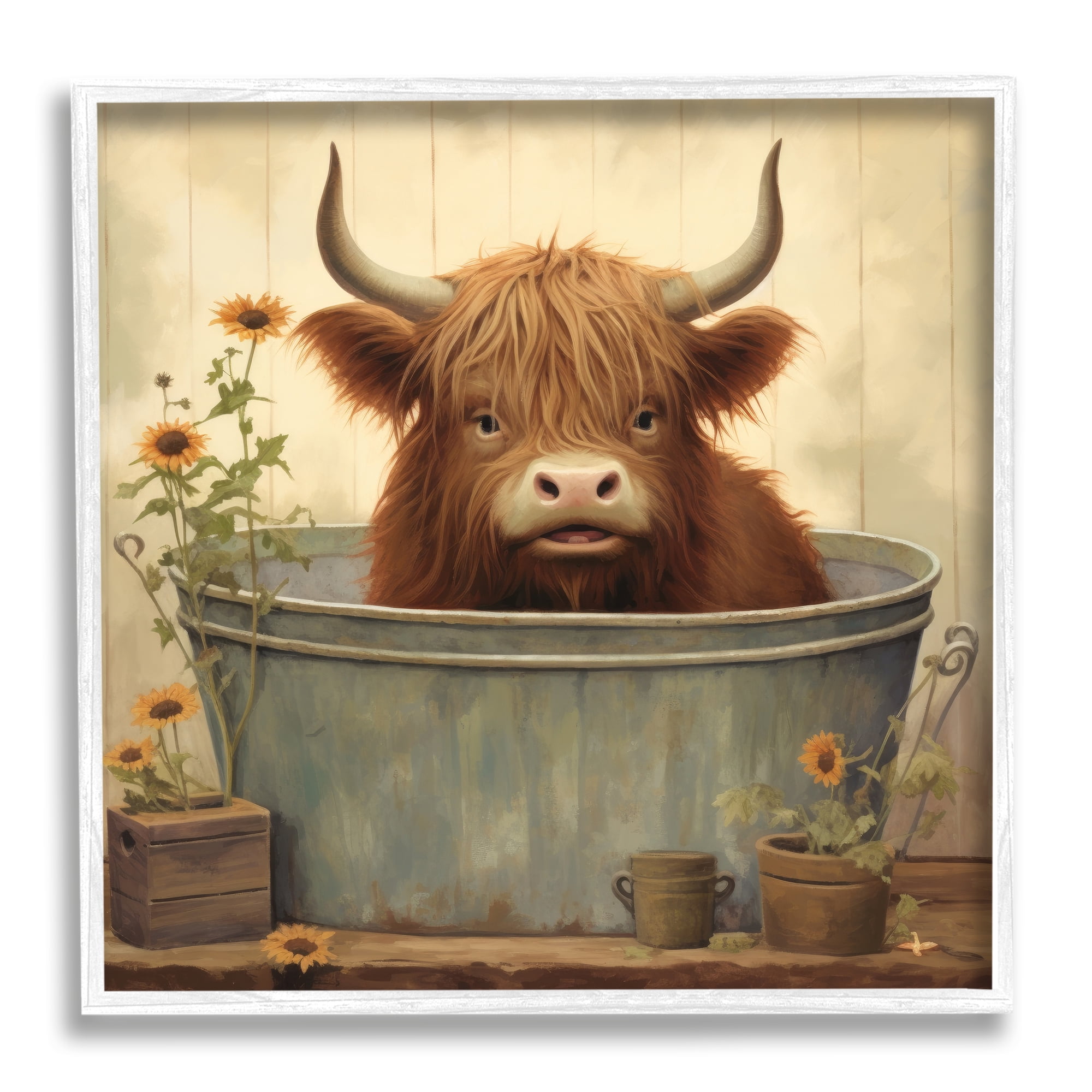 Stupell Industries Cattle in Vintage Bath Tin Animals & Insects Painting White Framed Art Print Wall Art, 24 x 24